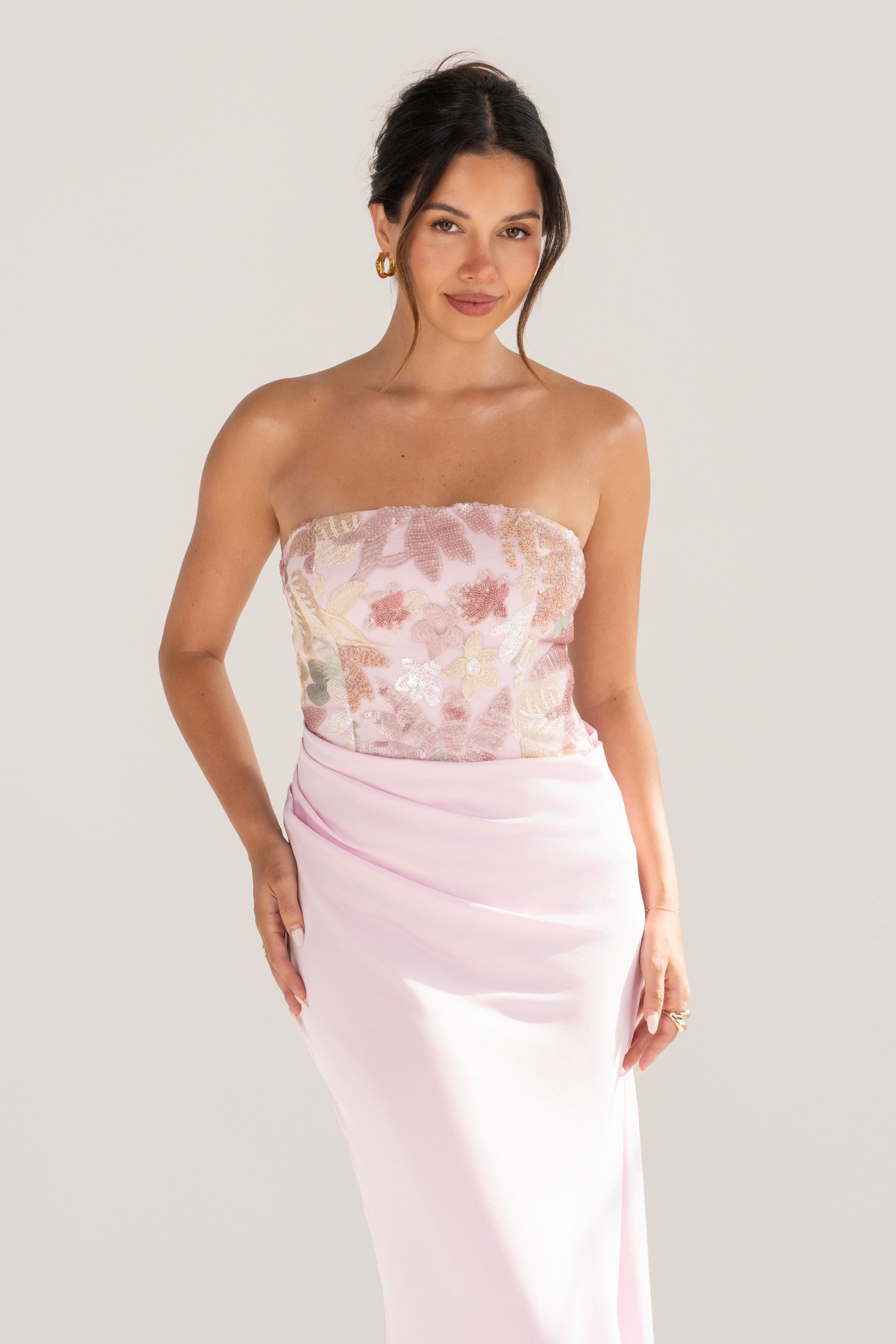 Evren Pink Embellished Sequin Bodice Dress with Satin Skirt