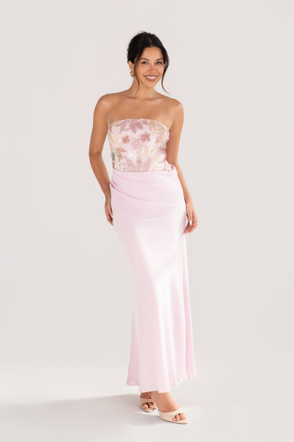 Evren Pink Embellished Sequin Bodice Dress with Satin Skirt