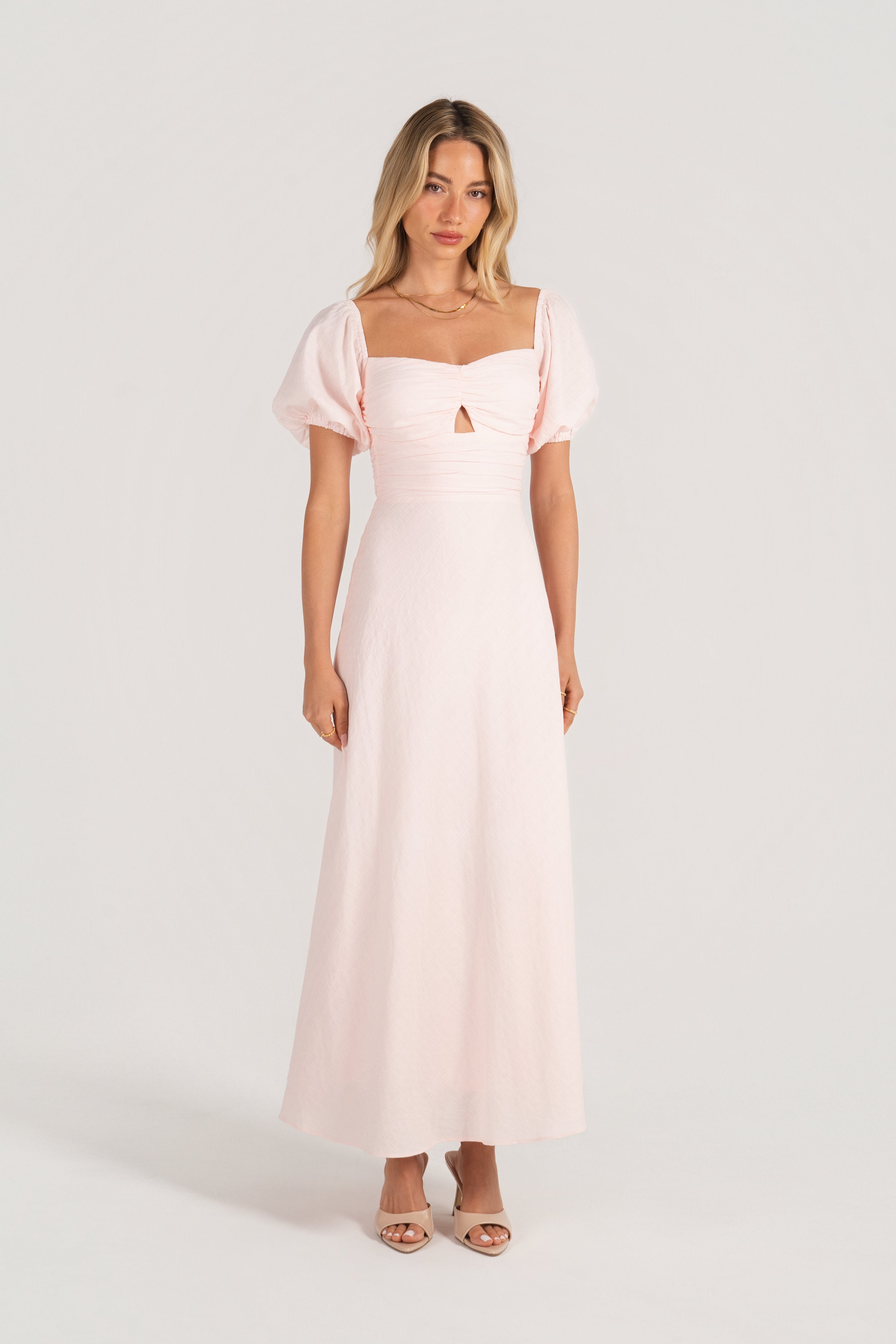 Felicia Soft Pink Puff Sleeve Midi Dress