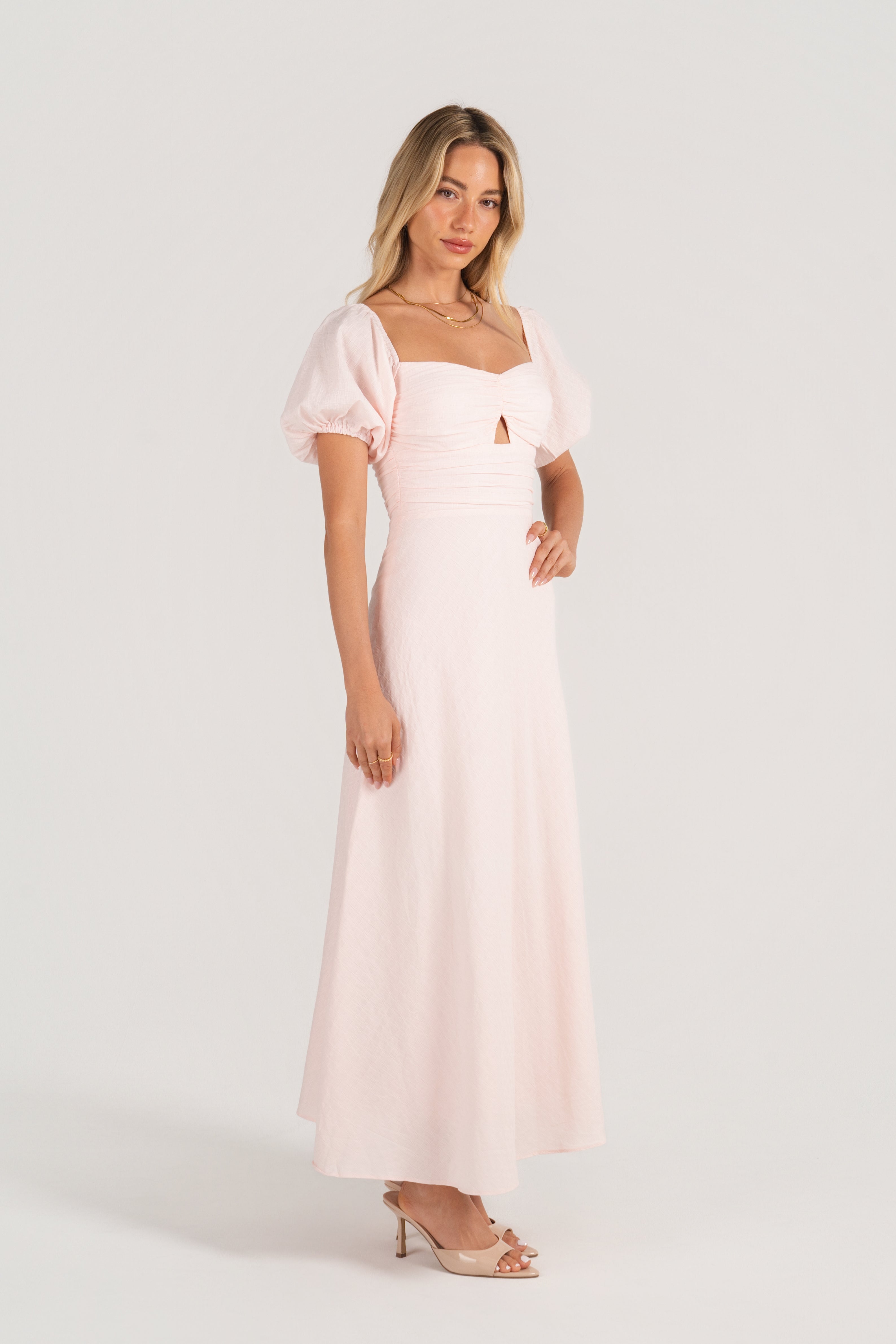 Felicia Soft Pink Puff Sleeve Midi Dress
