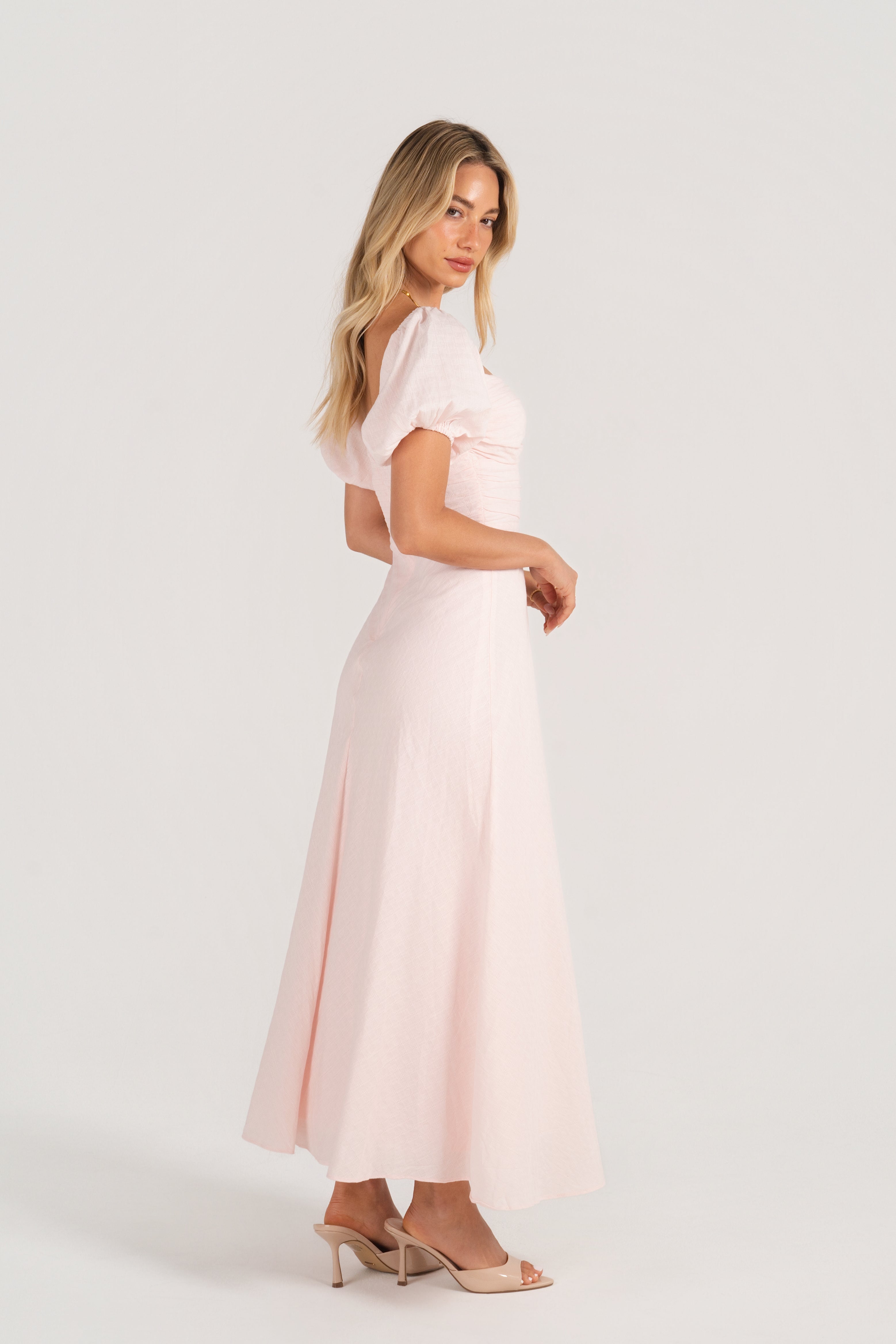 Felicia Soft Pink Puff Sleeve Midi Dress