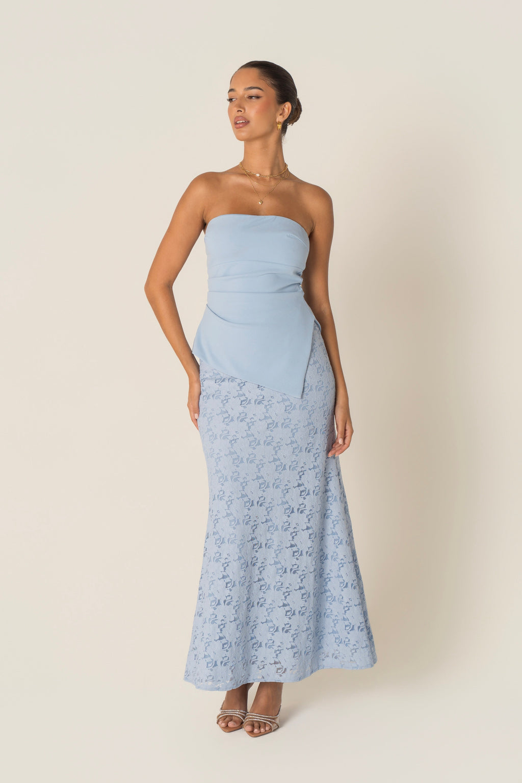 Genevieve Set - Strapless Asymmetrical Hem Top & Lace Midi Skirt