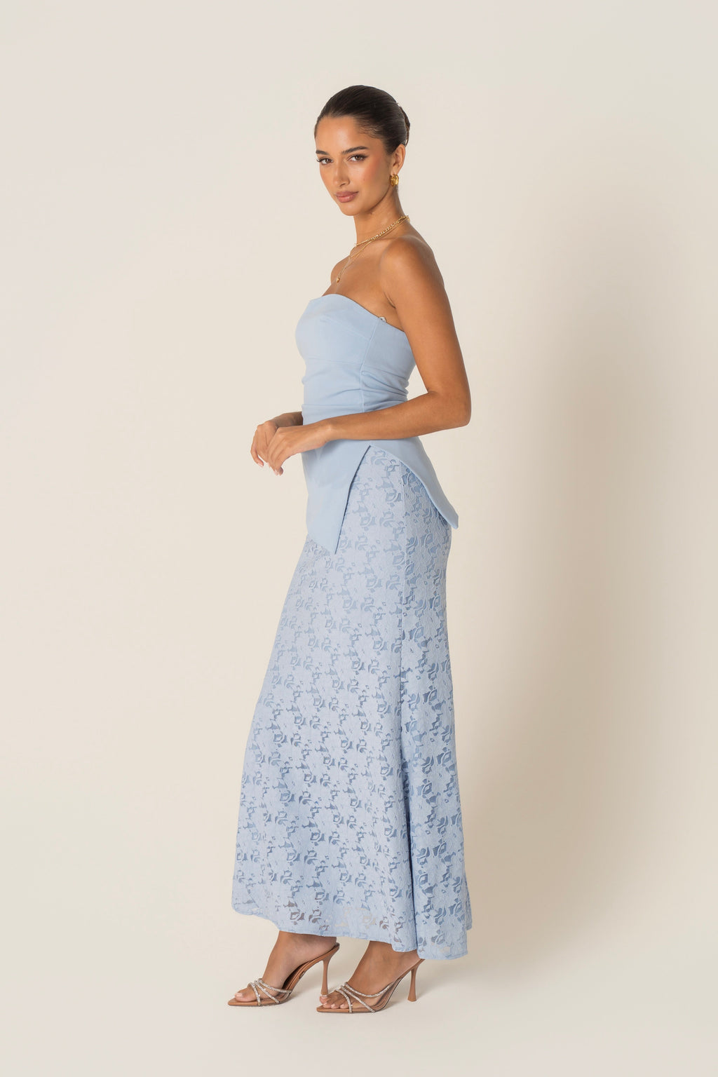 Genevieve Set - Strapless Asymmetrical Hem Top & Lace Midi Skirt