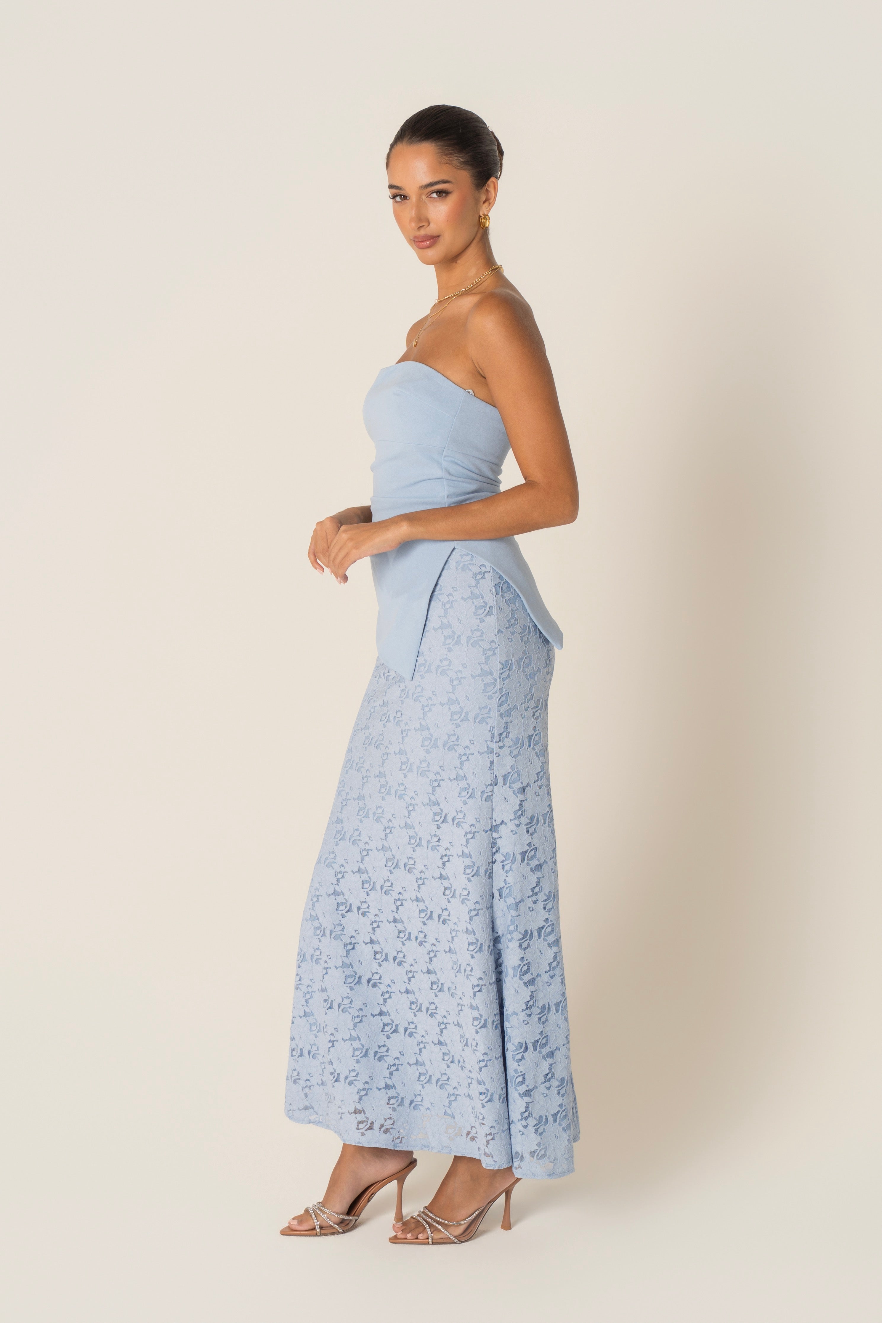 Genevieve Set - Strapless Asymmetrical Hem Top & Lace Midi Skirt