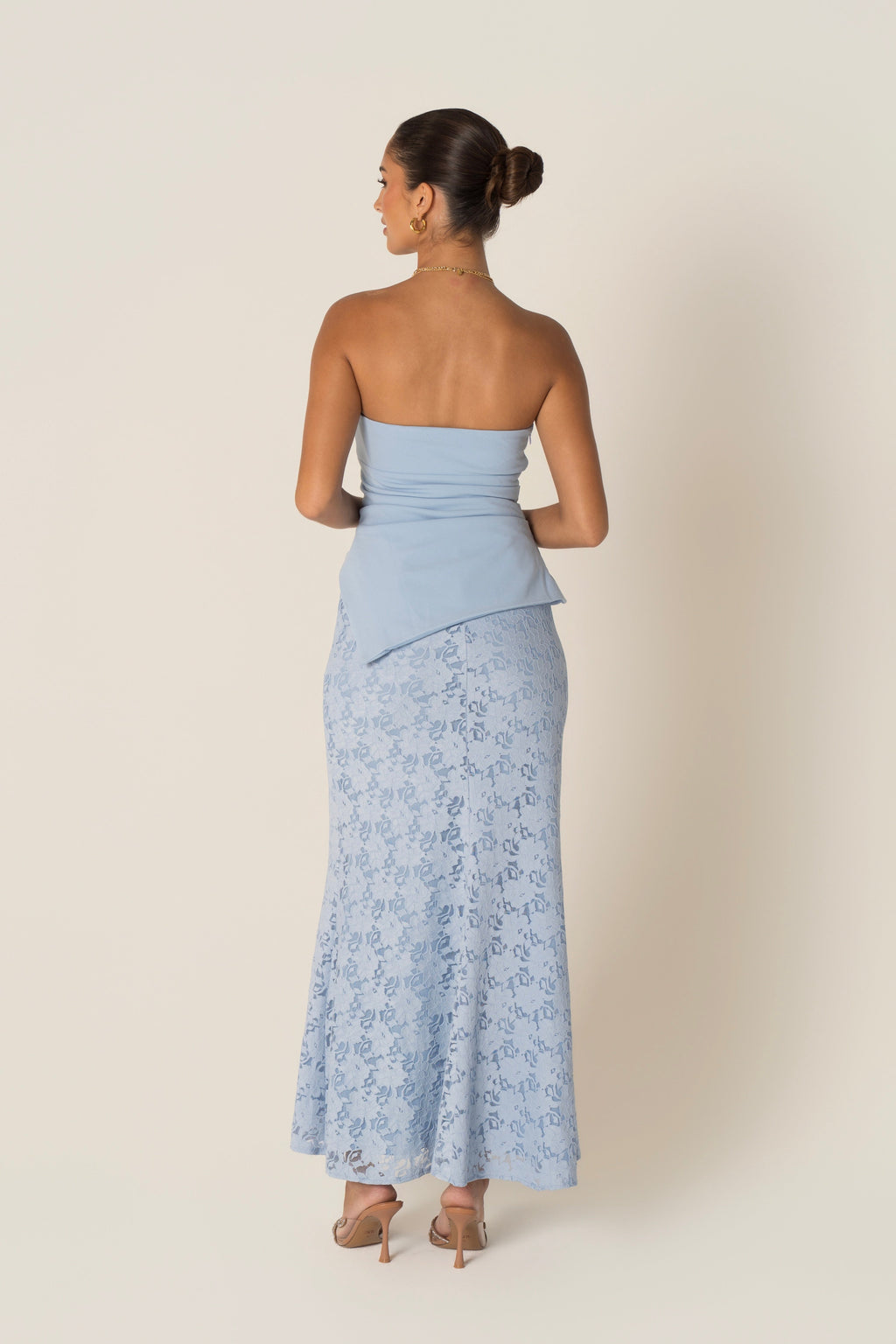 Genevieve Set - Strapless Asymmetrical Hem Top & Lace Midi Skirt