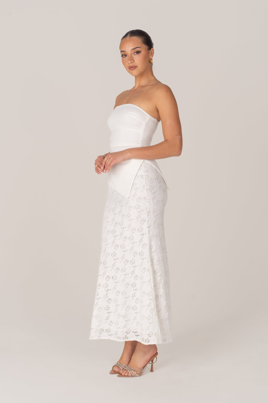 Genevieve Set - Strapless Asymmetrical Hem Top & Lace Midi Skirt