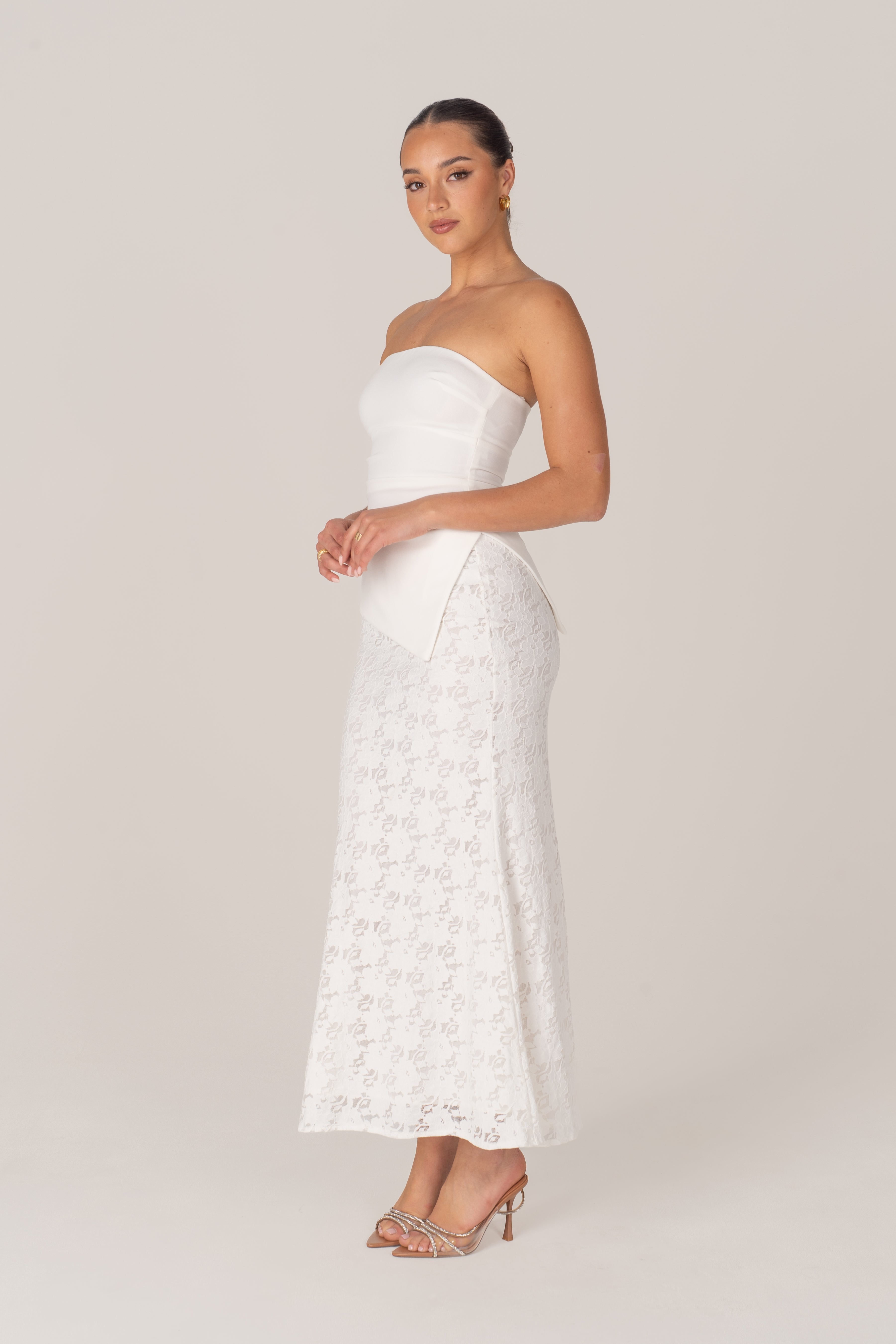 Genevieve Set - Strapless Asymmetrical Hem Top & Lace Midi Skirt