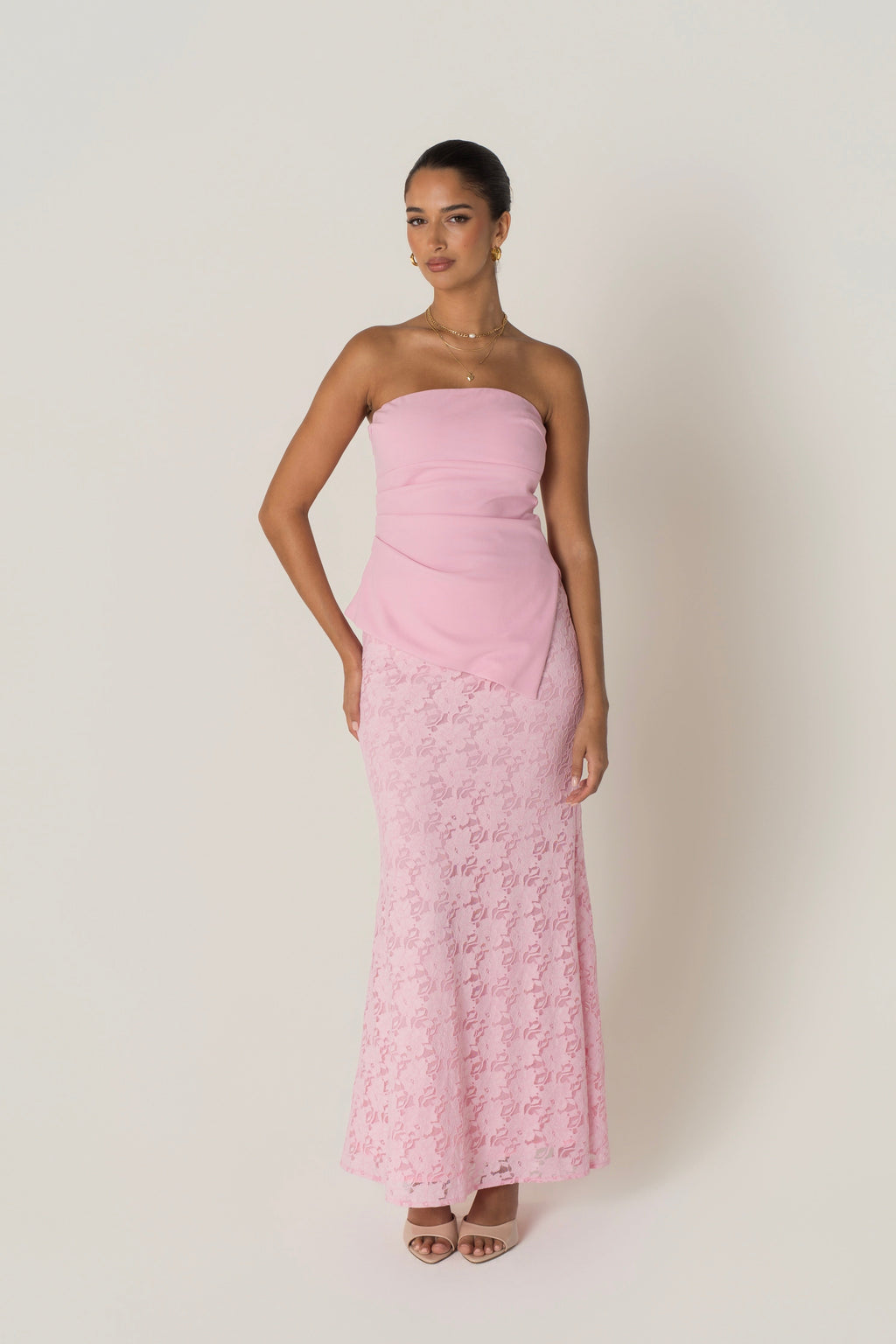 Genevieve Set - Strapless Asymmetrical Hem Top & Lace Midi Skirt