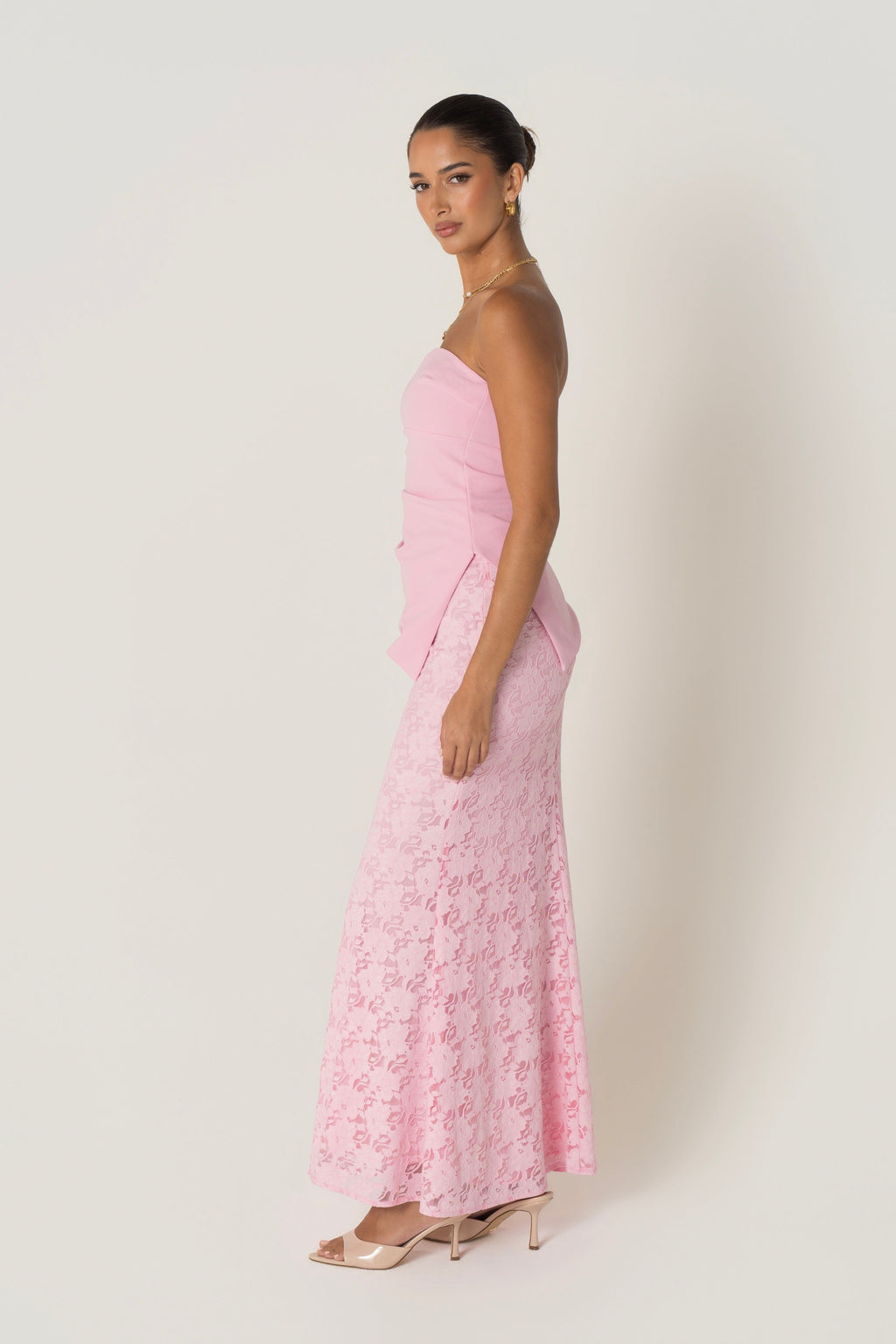 Genevieve Set - Strapless Asymmetrical Hem Top & Lace Midi Skirt