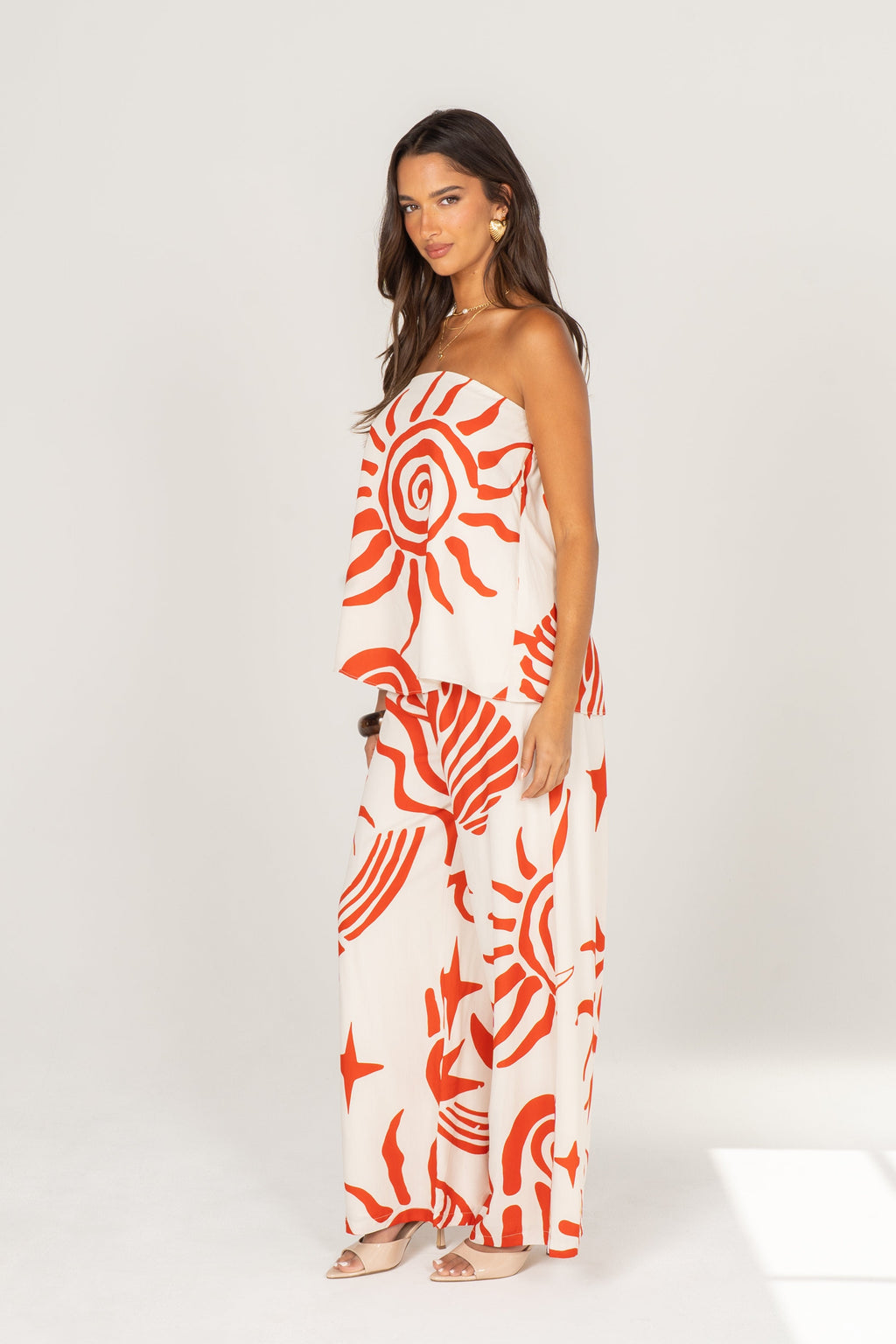 Greta Red Print Strapless Top & Wide Leg Pant Set