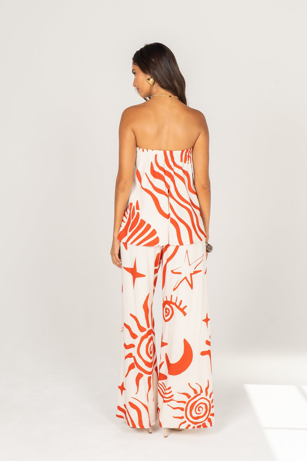 Greta Red Print Strapless Top & Wide Leg Pant Set