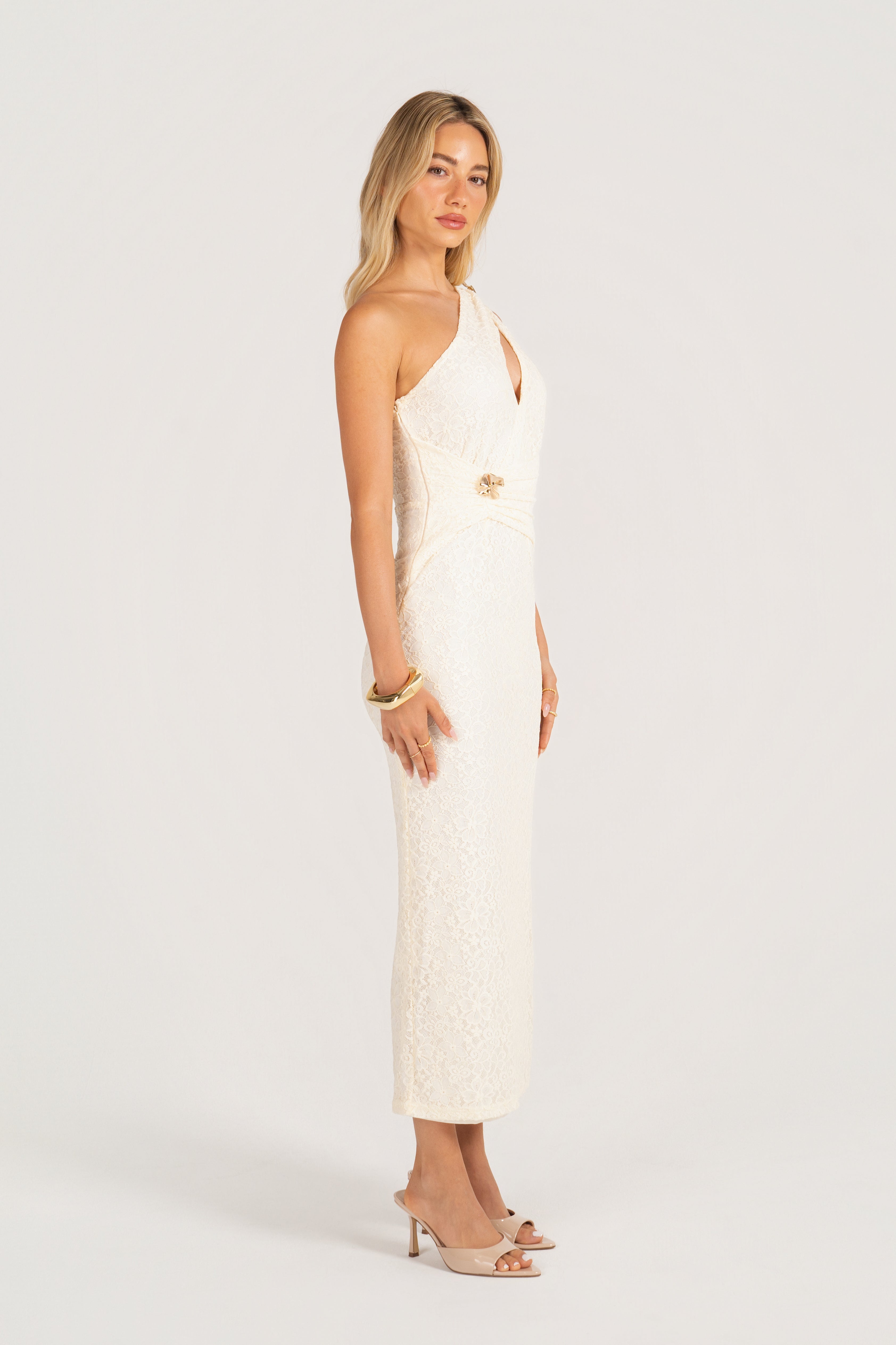 Hilarie Cream One-Shoulder Dress with Gold Accents