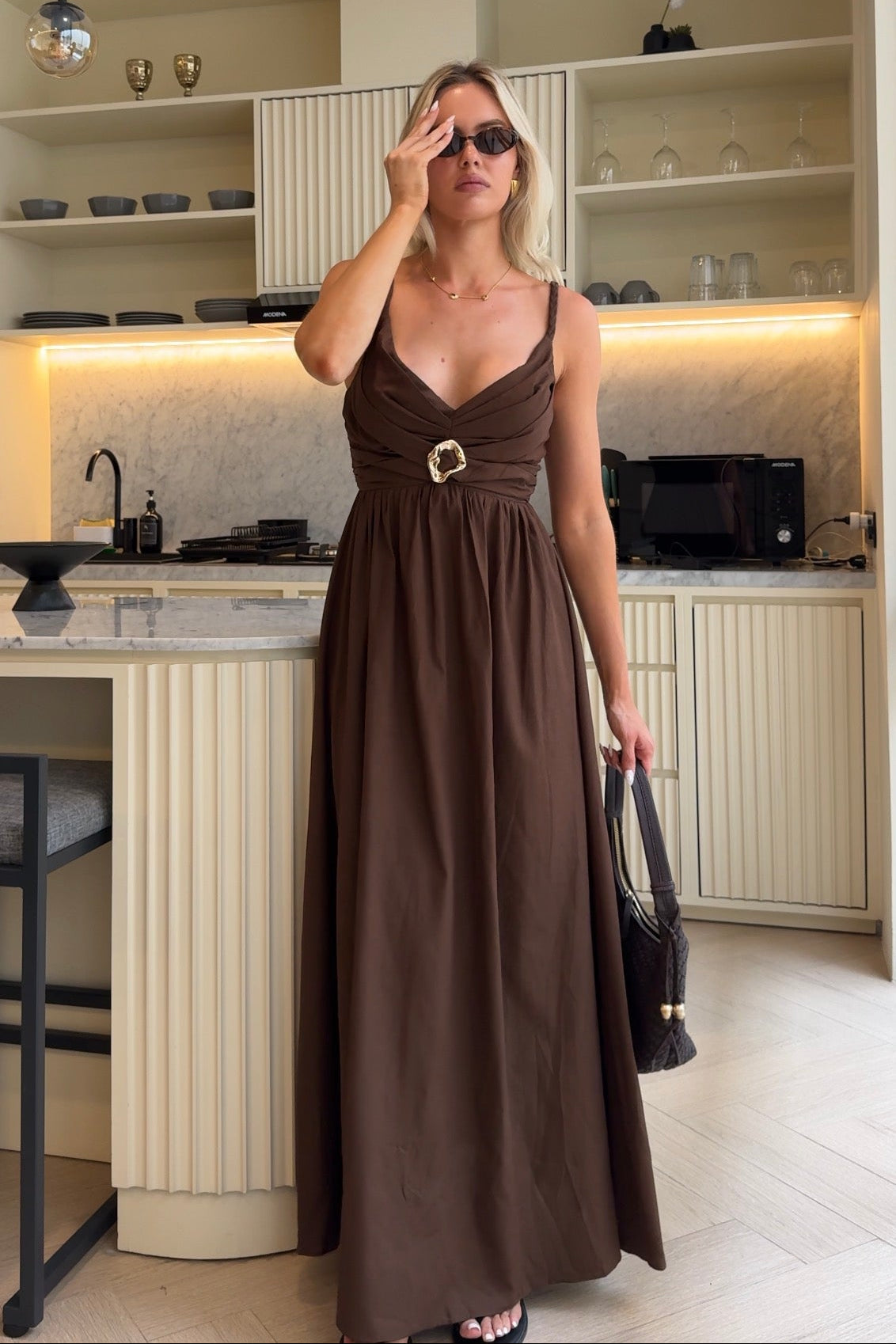 Nerina Chocolate V-Neck Maxi Dress with Gold Accent