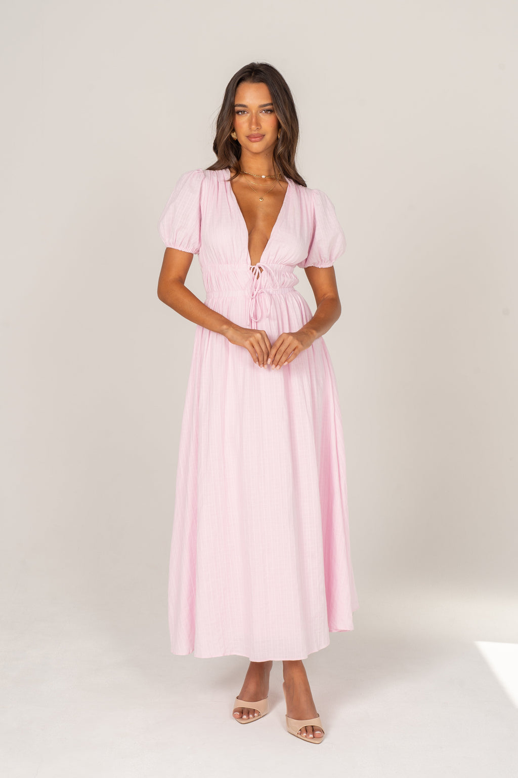 Iliana Pink Puff Sleeve V-Neck Midi Dress