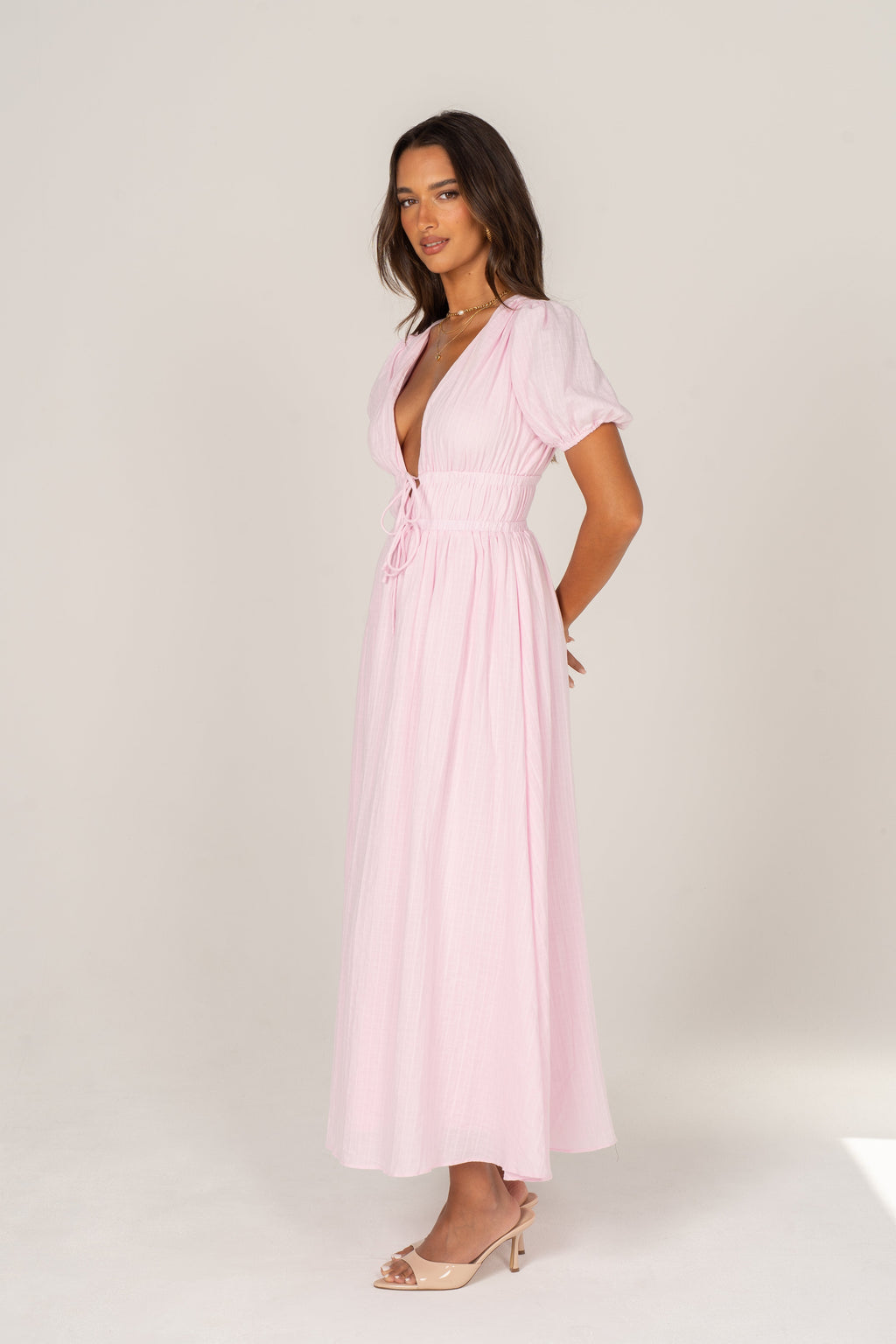 Iliana Pink Puff Sleeve V-Neck Midi Dress
