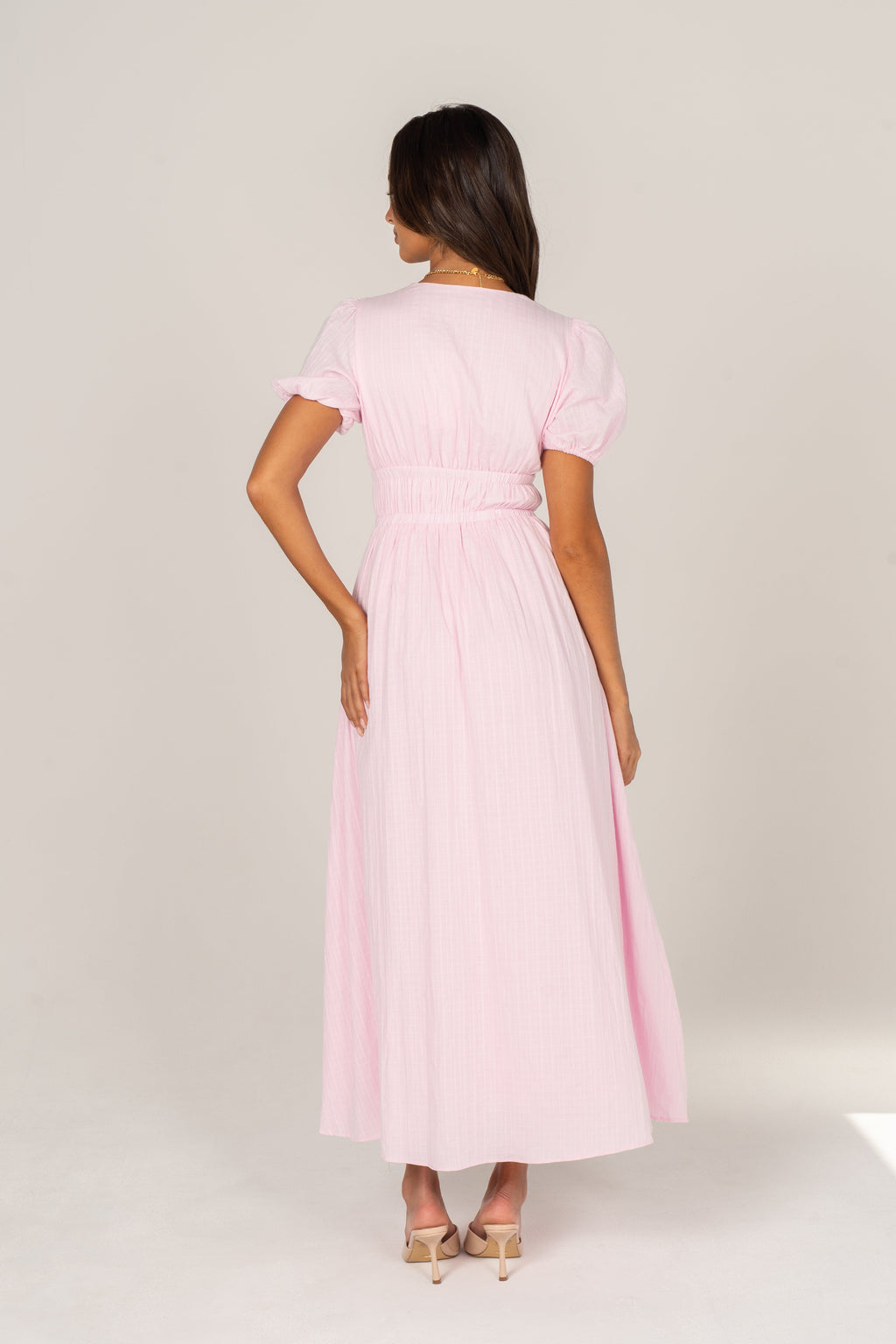 Iliana Pink Puff Sleeve V-Neck Midi Dress