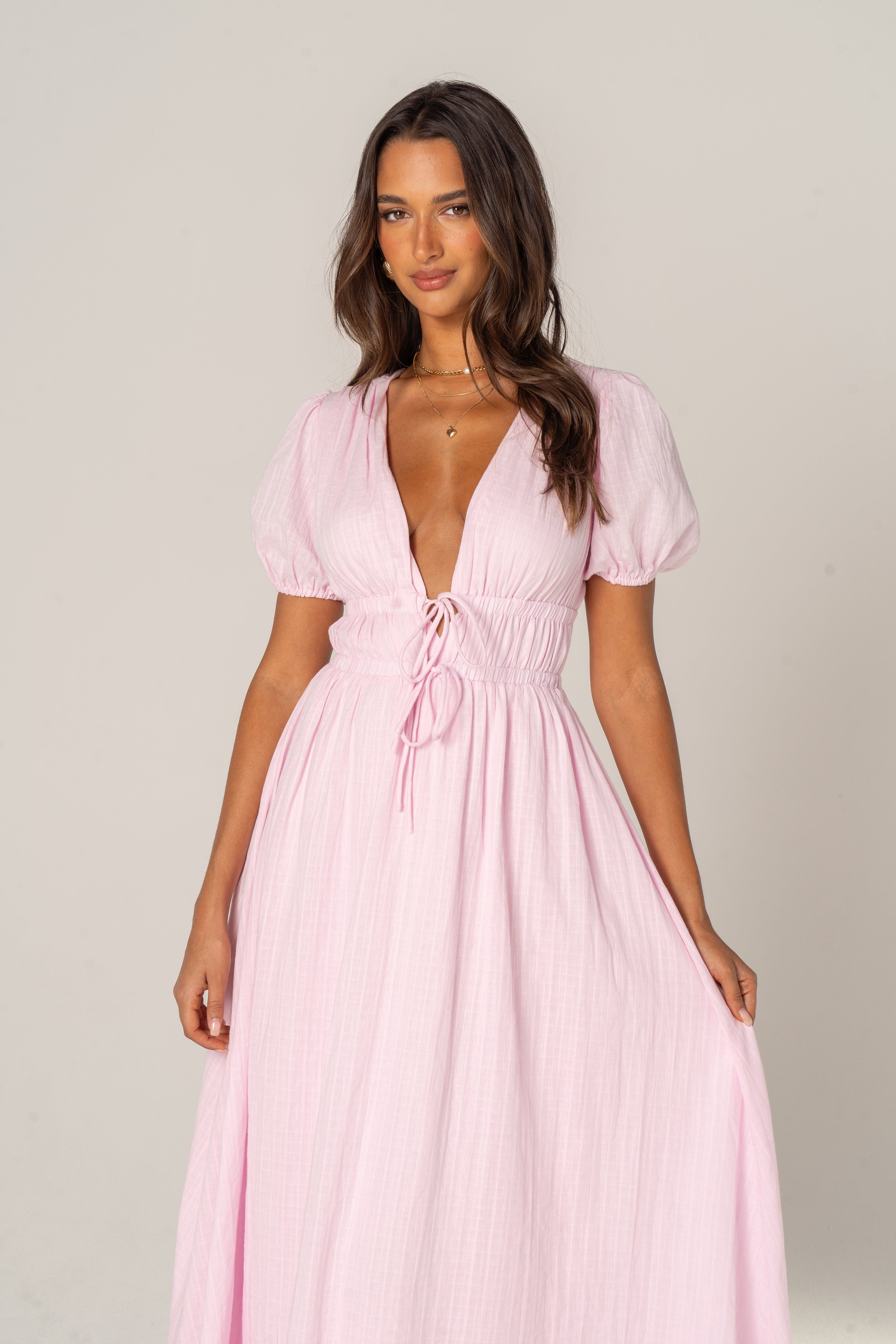 Iliana Pink Puff Sleeve V-Neck Midi Dress