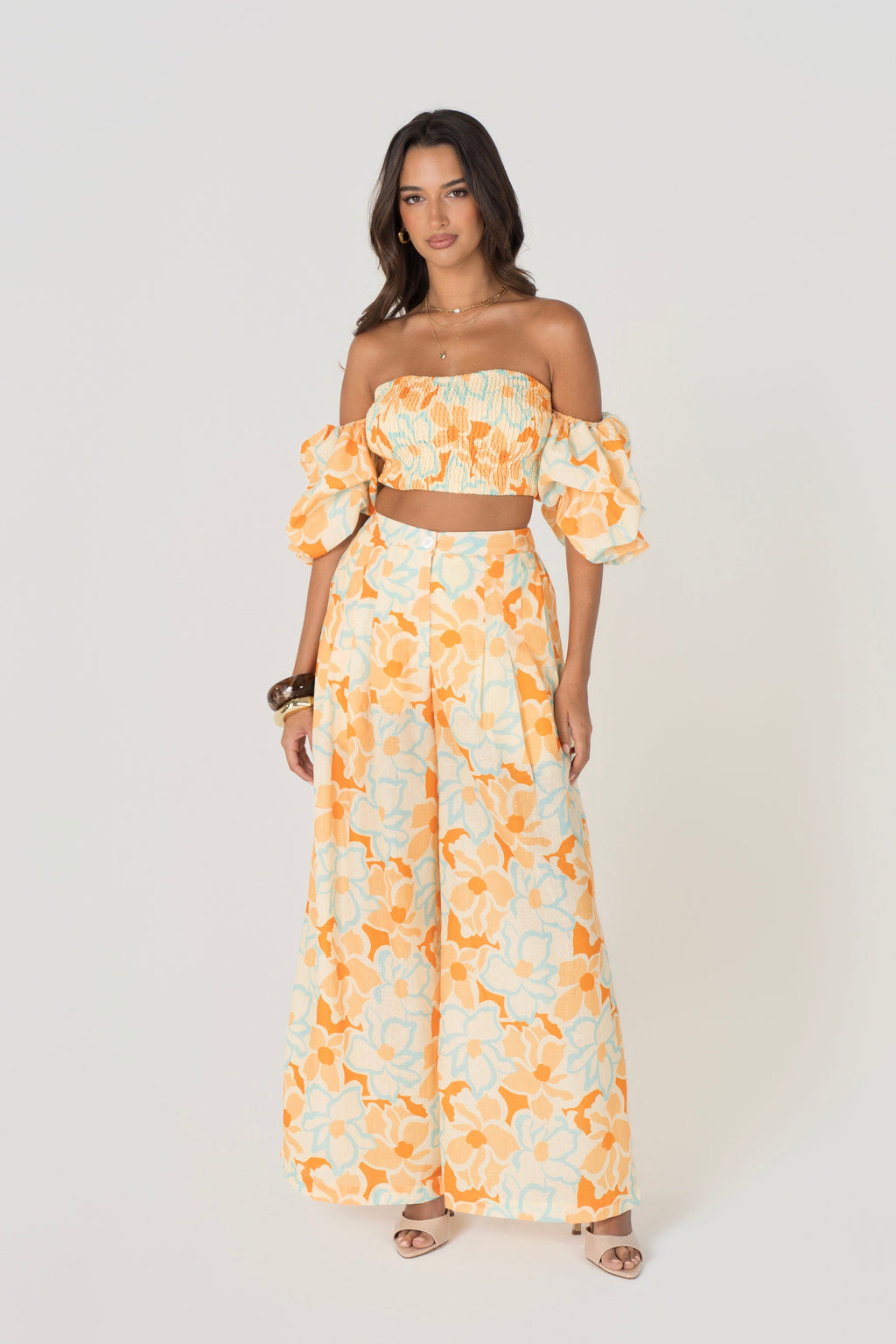 Isela Floral Off Shoulder Puff Sleeve Top & Pant Set