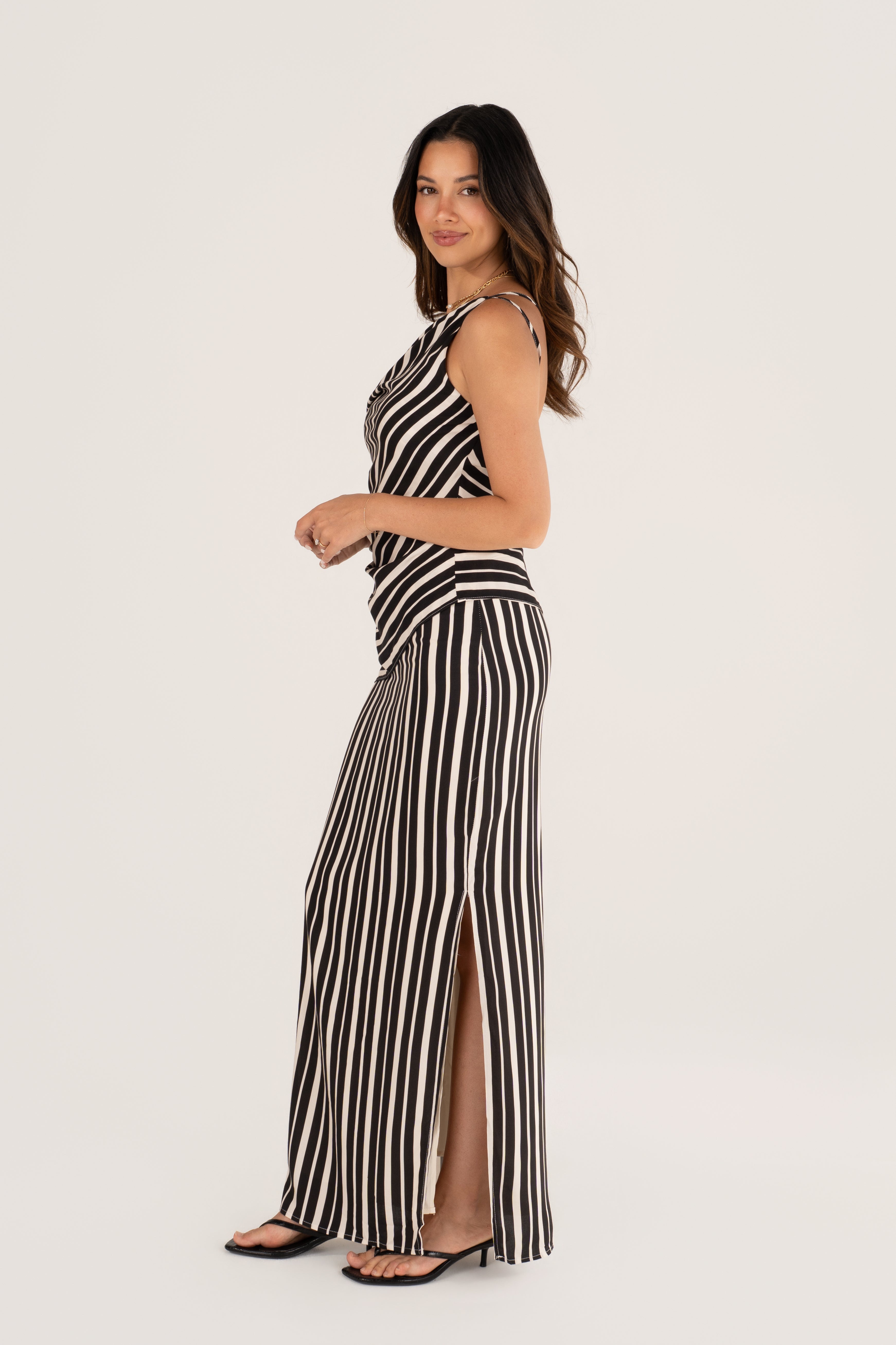 Iskira Black & White Stripe Asymmetrical Top & Maxi Skirt Set