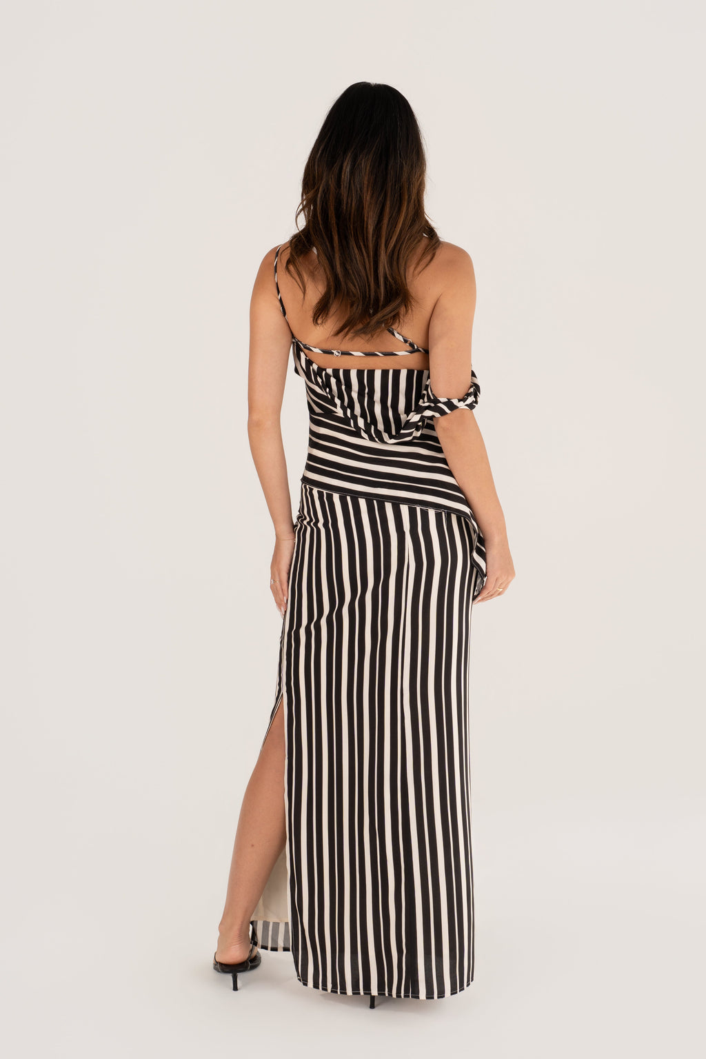 Iskira Black & White Stripe Asymmetrical Top & Maxi Skirt Set