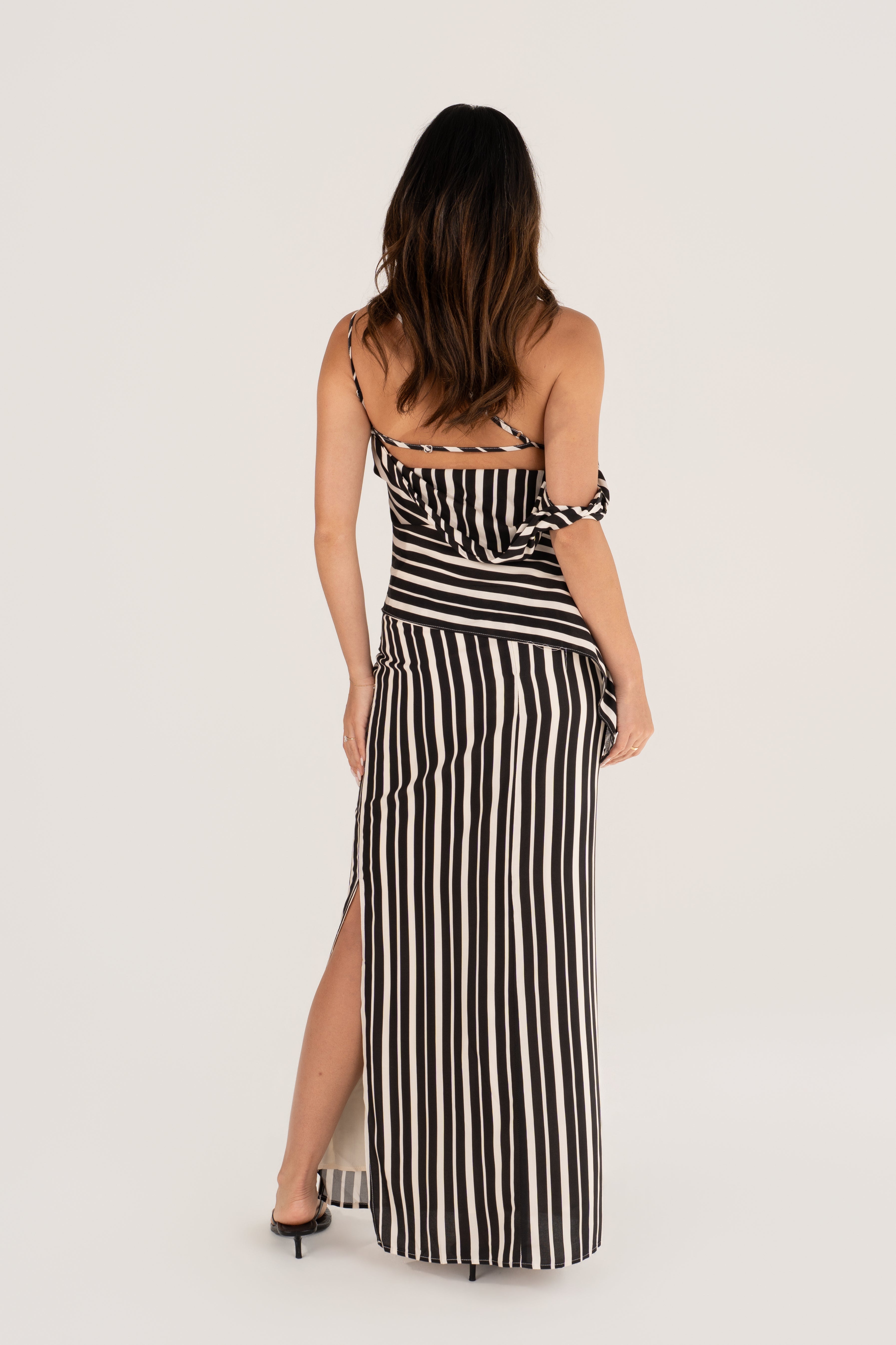 Iskira Black & White Stripe Asymmetrical Top & Maxi Skirt Set