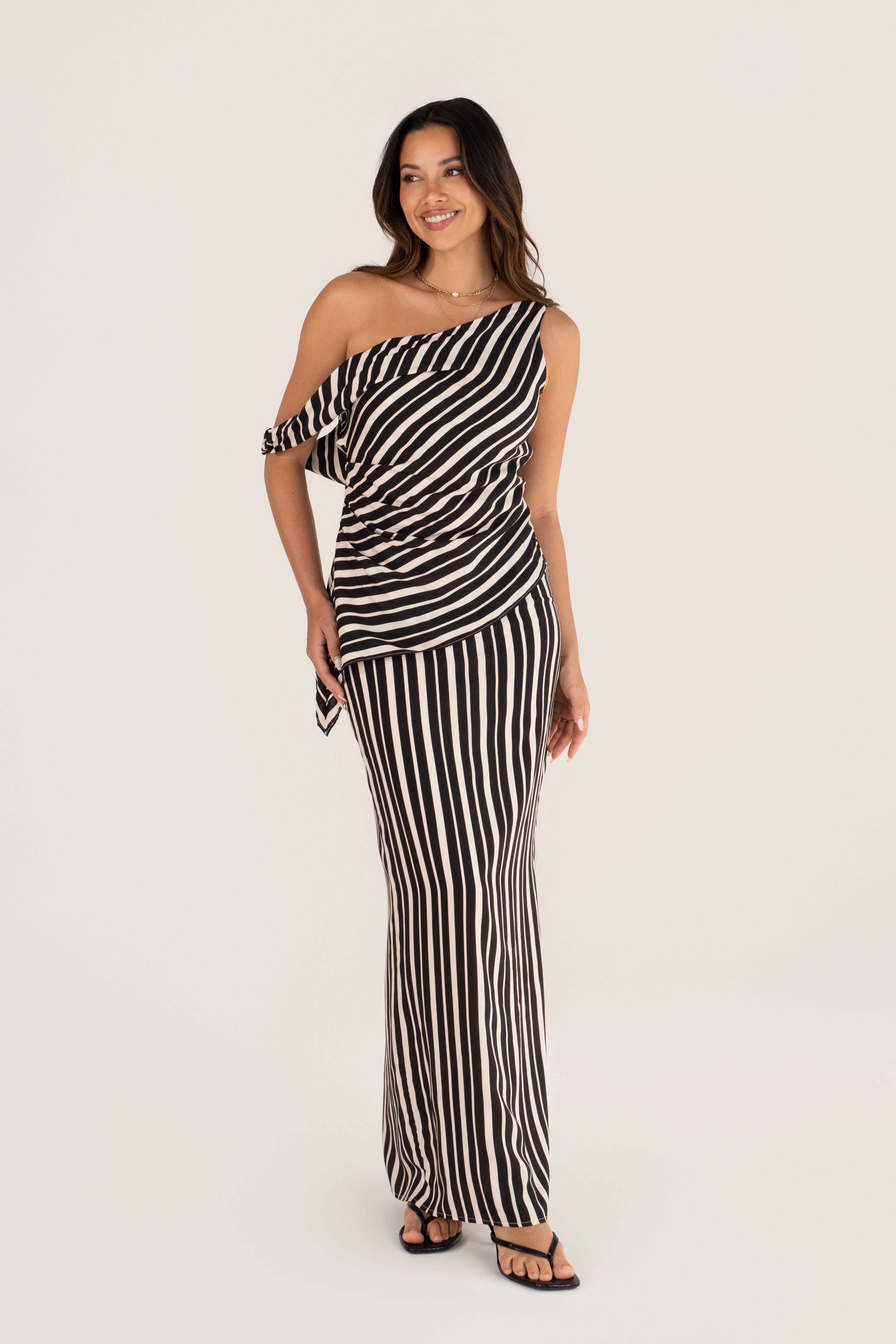 Iskira Black & White Stripe Asymmetrical Top & Maxi Skirt Set
