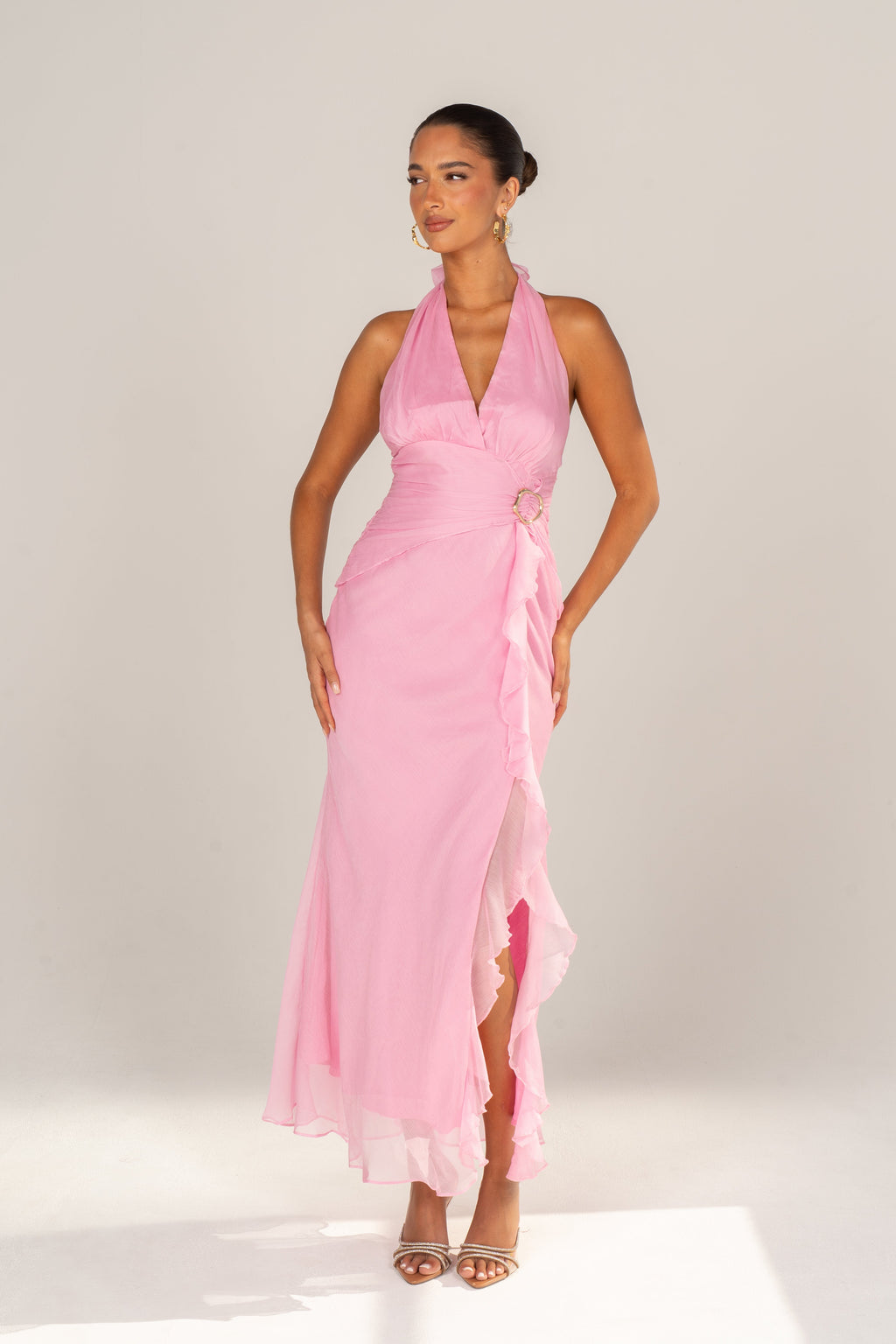 Jolie Pink Halter Gown with Ruffle Trims
