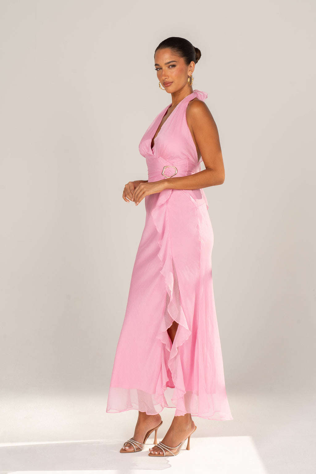Jolie Pink Halter Gown with Ruffle Trims
