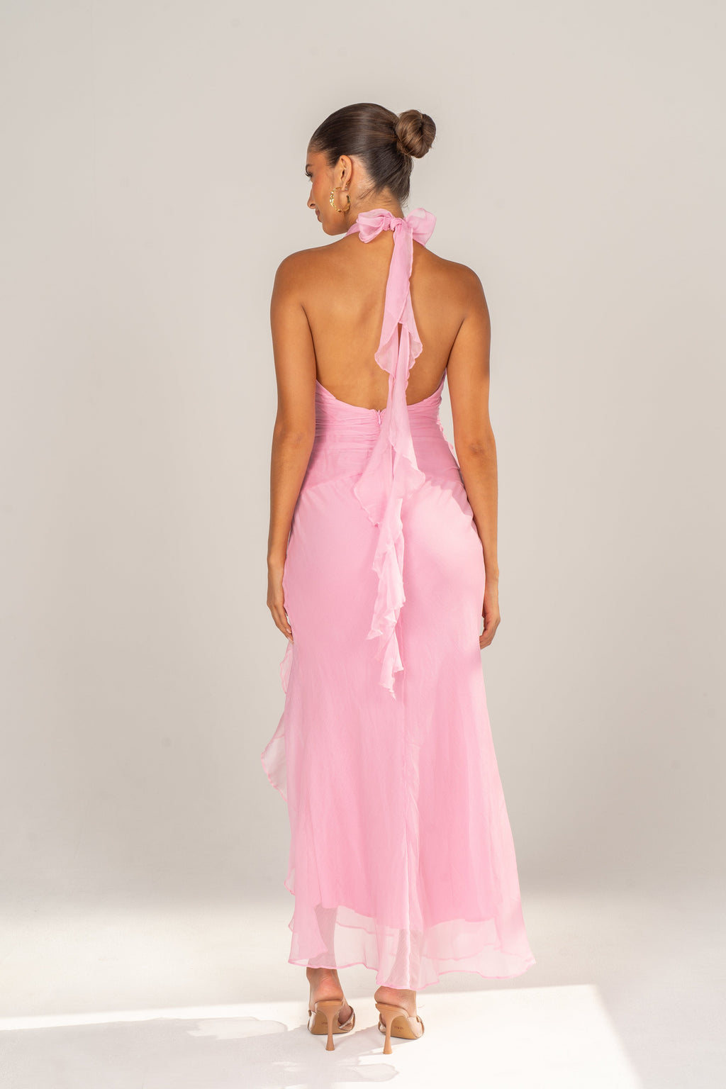Jolie Pink Halter Gown with Ruffle Trims