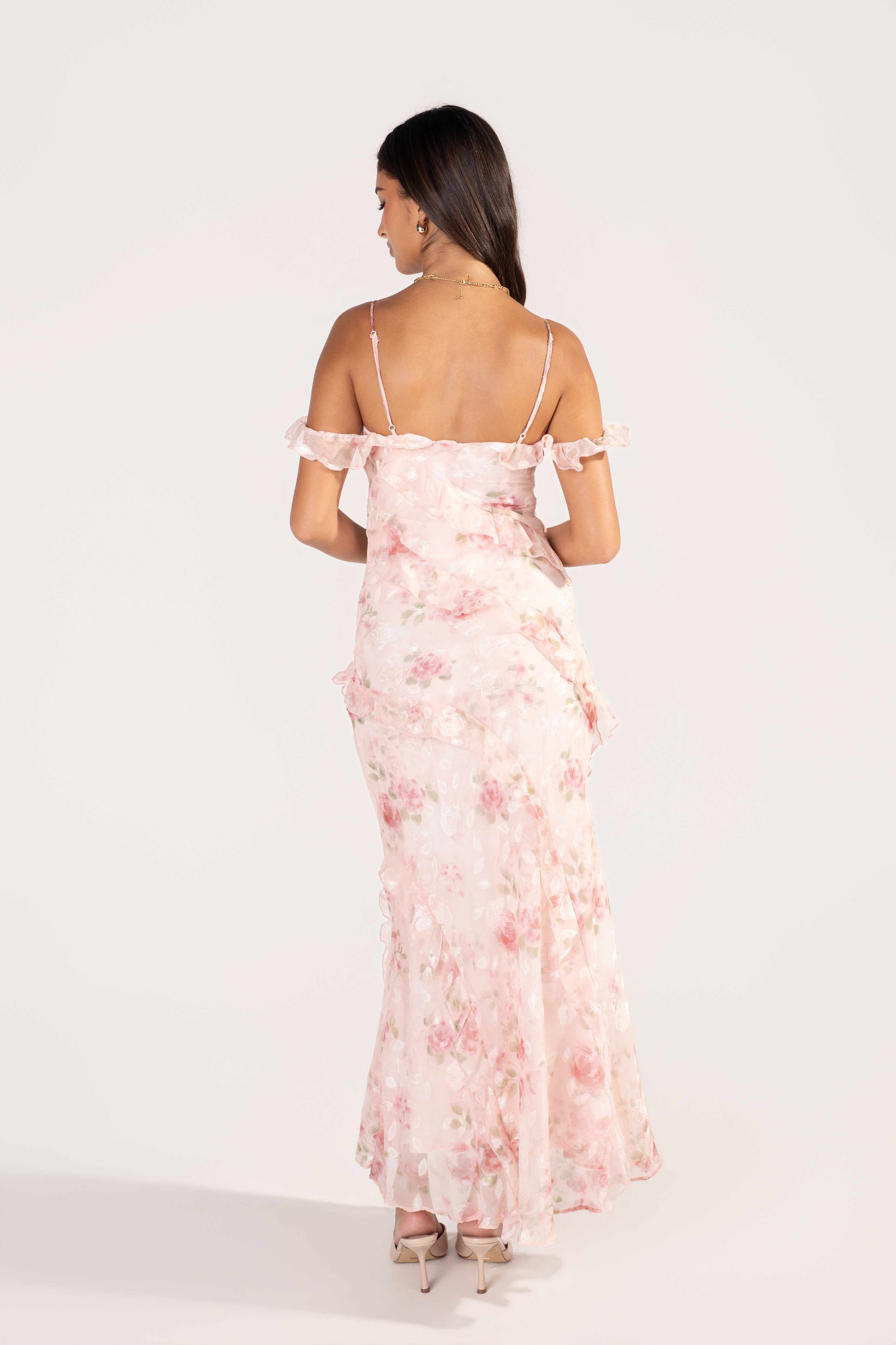 Kaelina Pink Floral Ruffle Maxi Dress