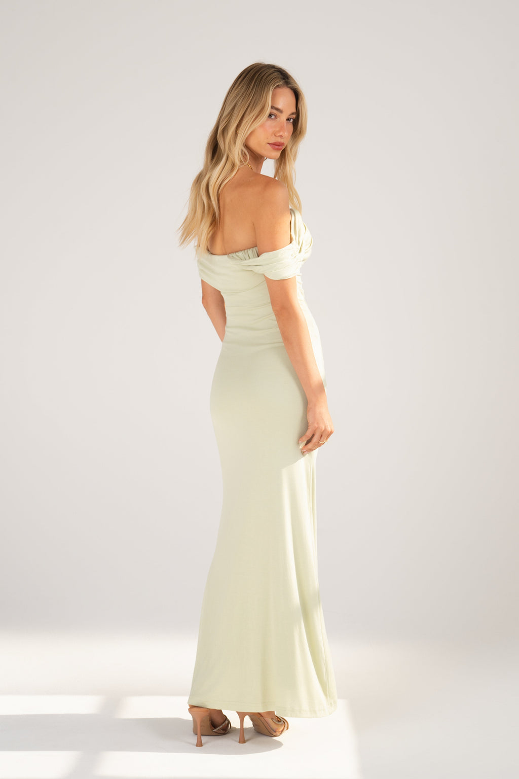 Kalyn Drop-Shoulder Soft Green Maxi Dress