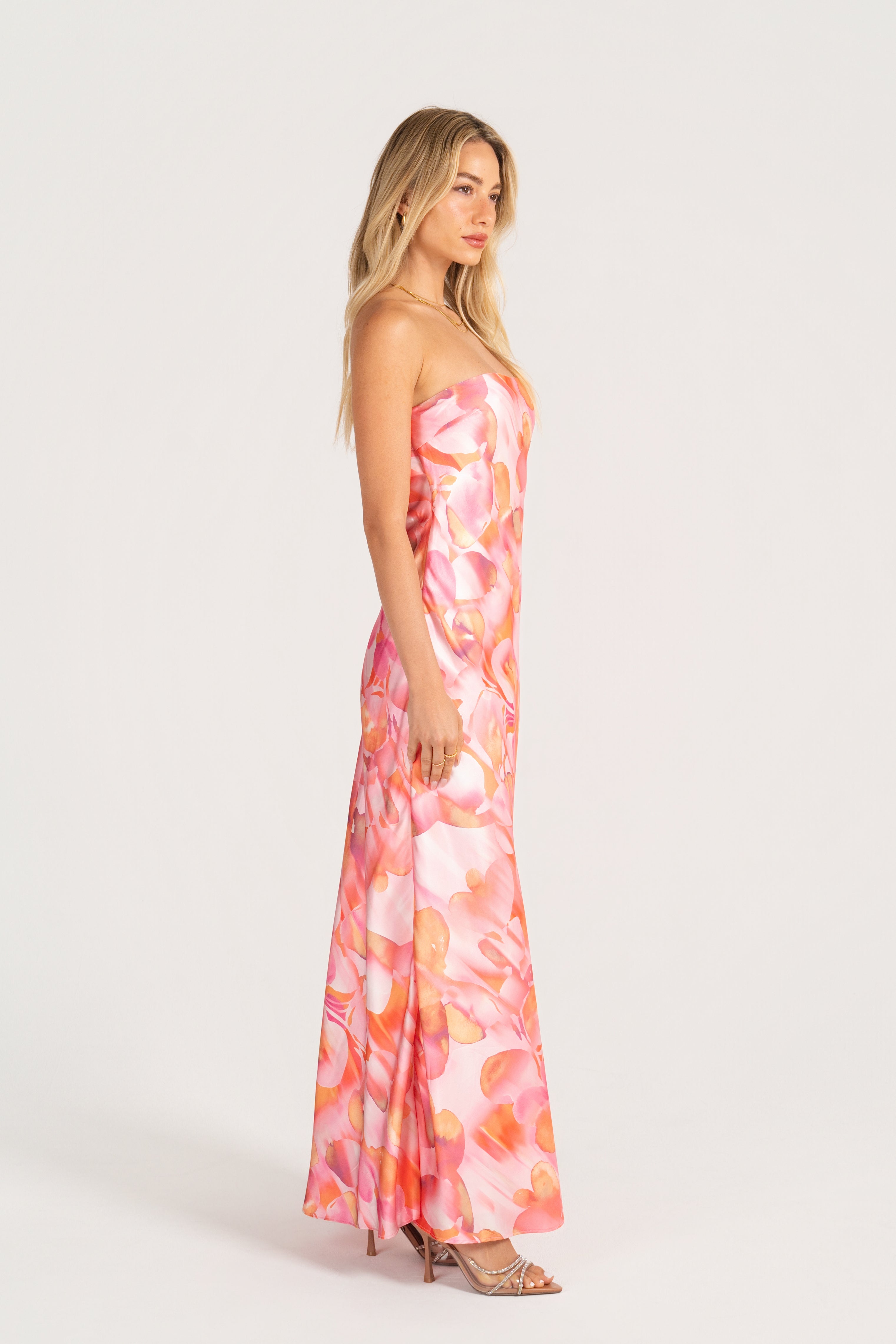 Lianna Strapless Pink Print Maxi Dress