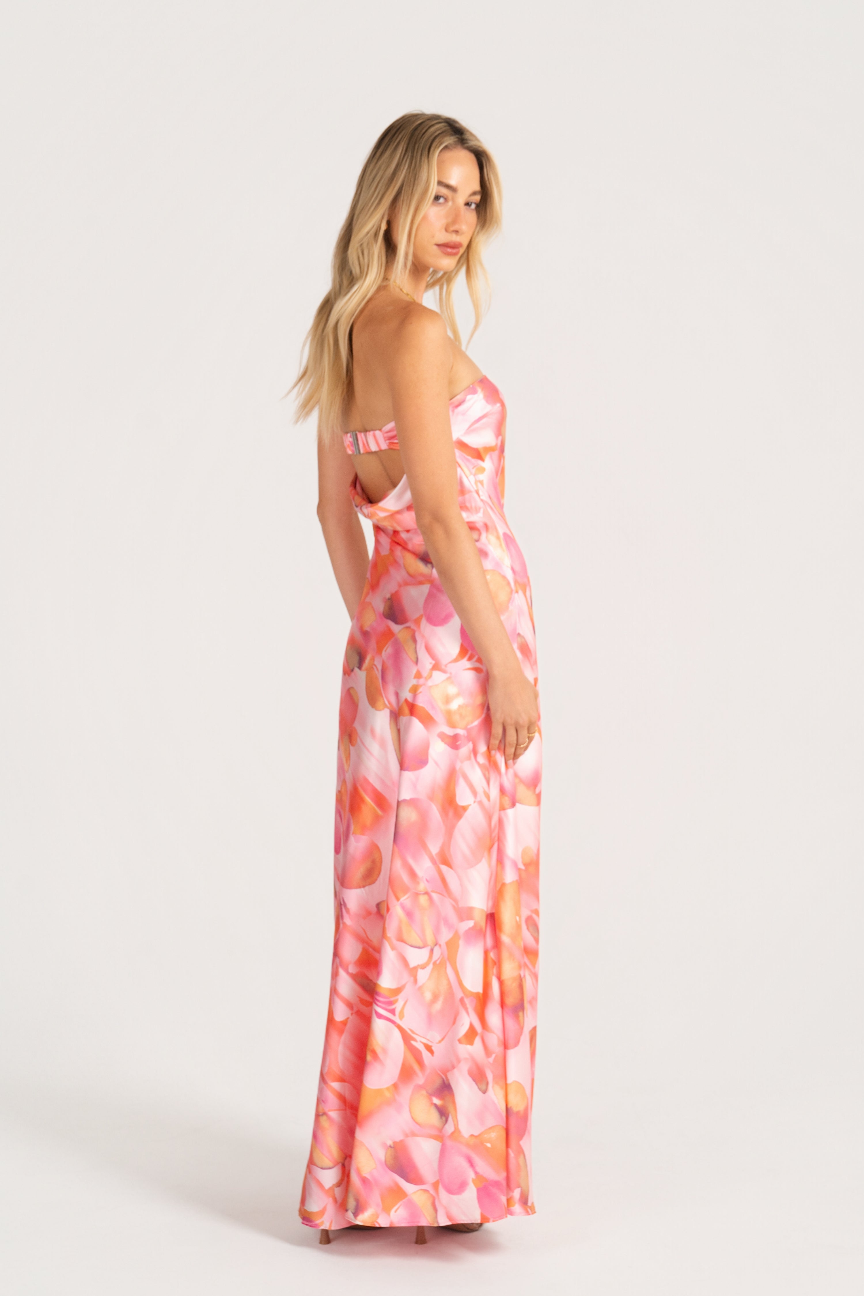 Lianna Strapless Pink Print Maxi Dress