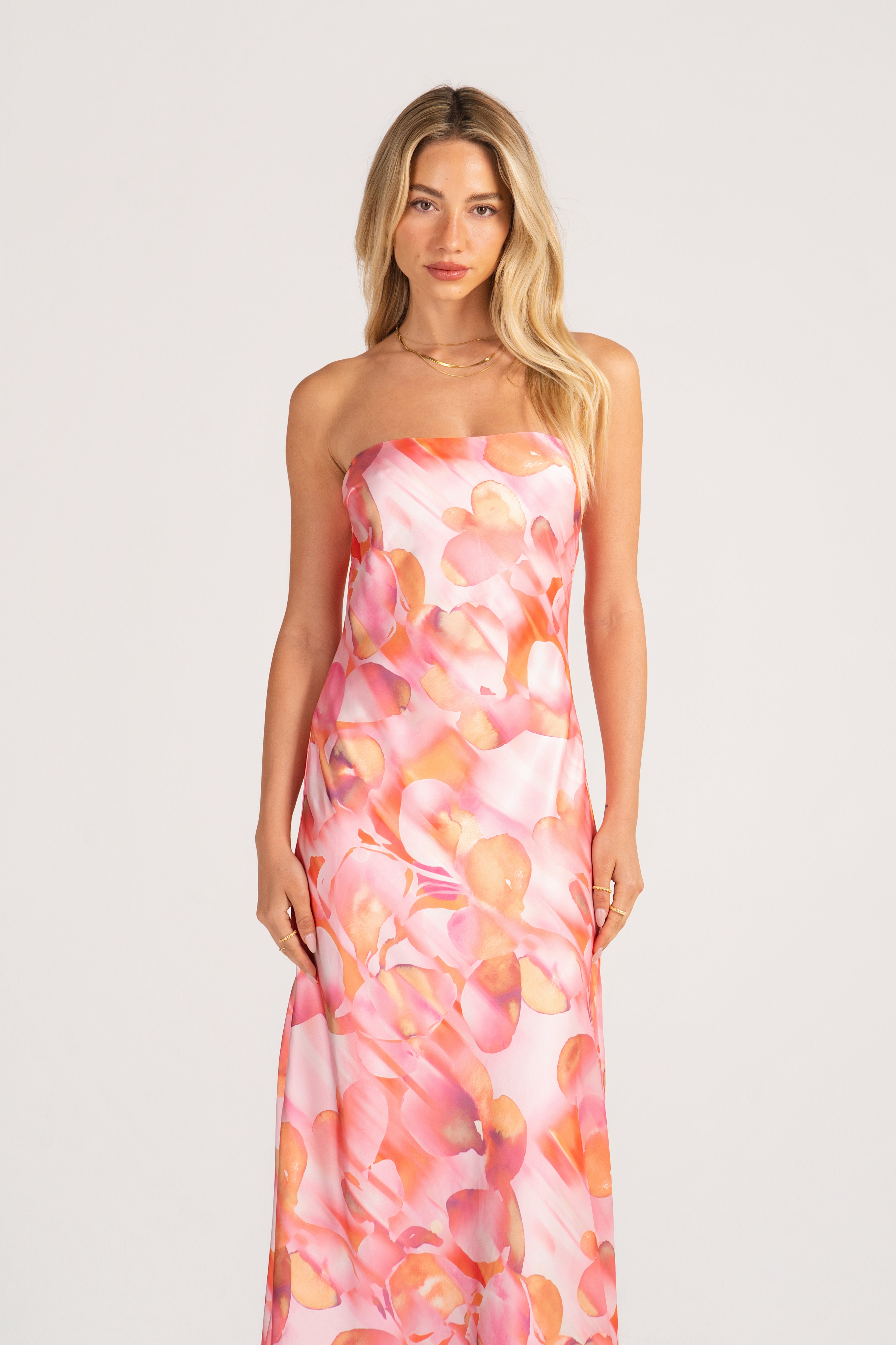 Lianna Strapless Pink Print Maxi Dress