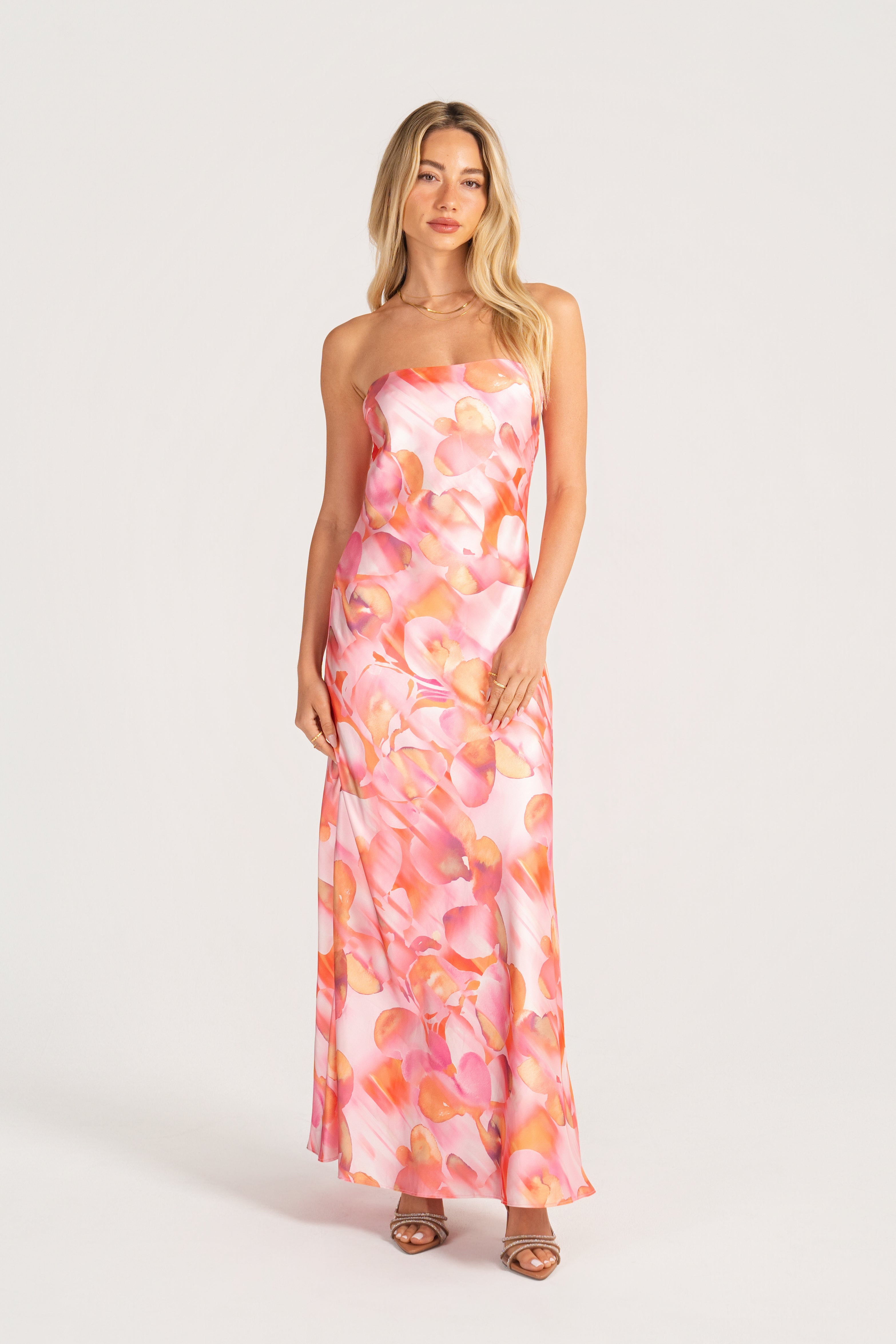 Lianna Strapless Pink Print Maxi Dress