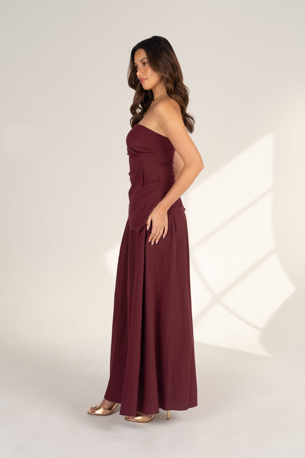 Lillian Plum Two Piece Set - Strapless Top & Pleated Maxi Skirt