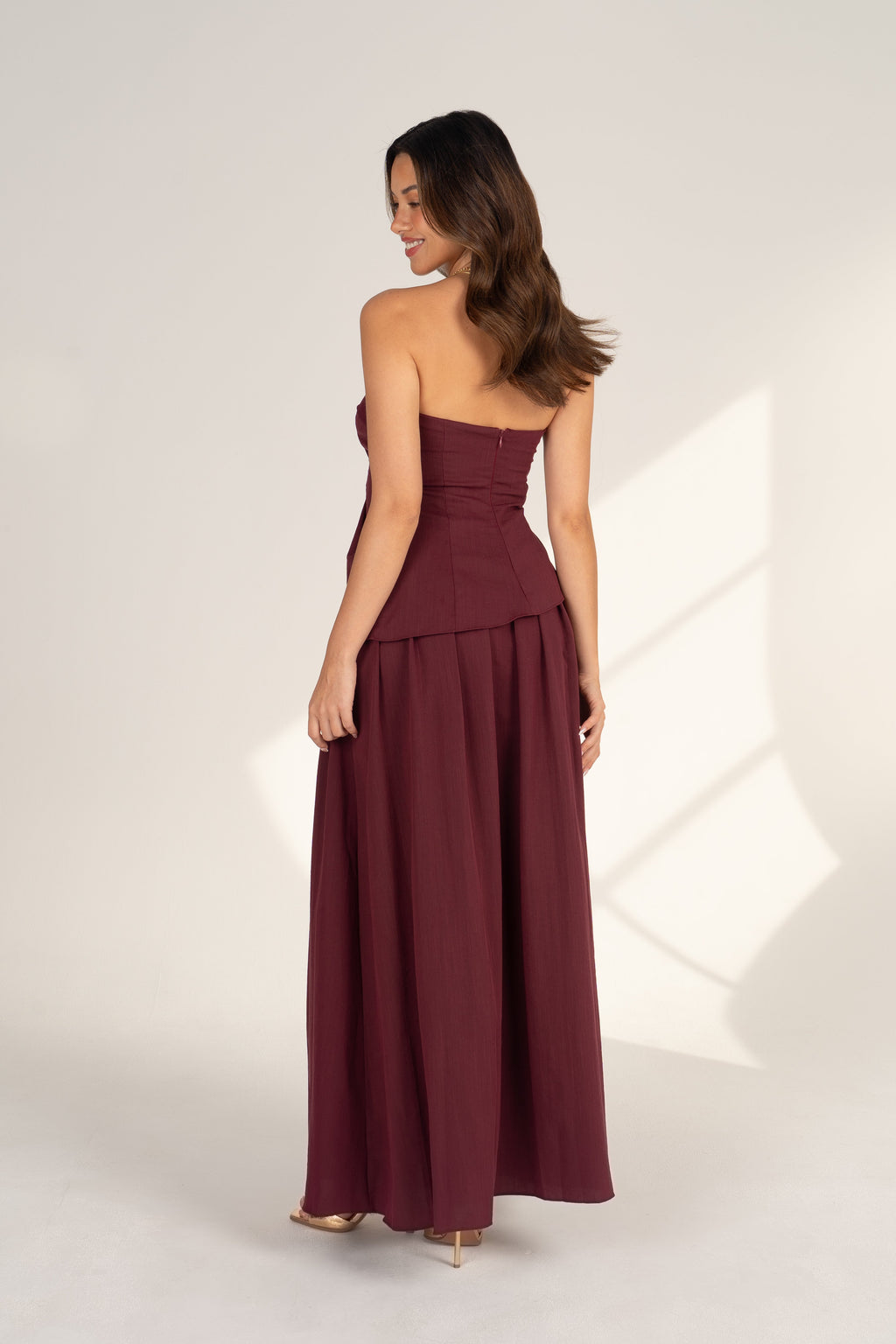 Lillian Plum Two Piece Set - Strapless Top & Pleated Maxi Skirt