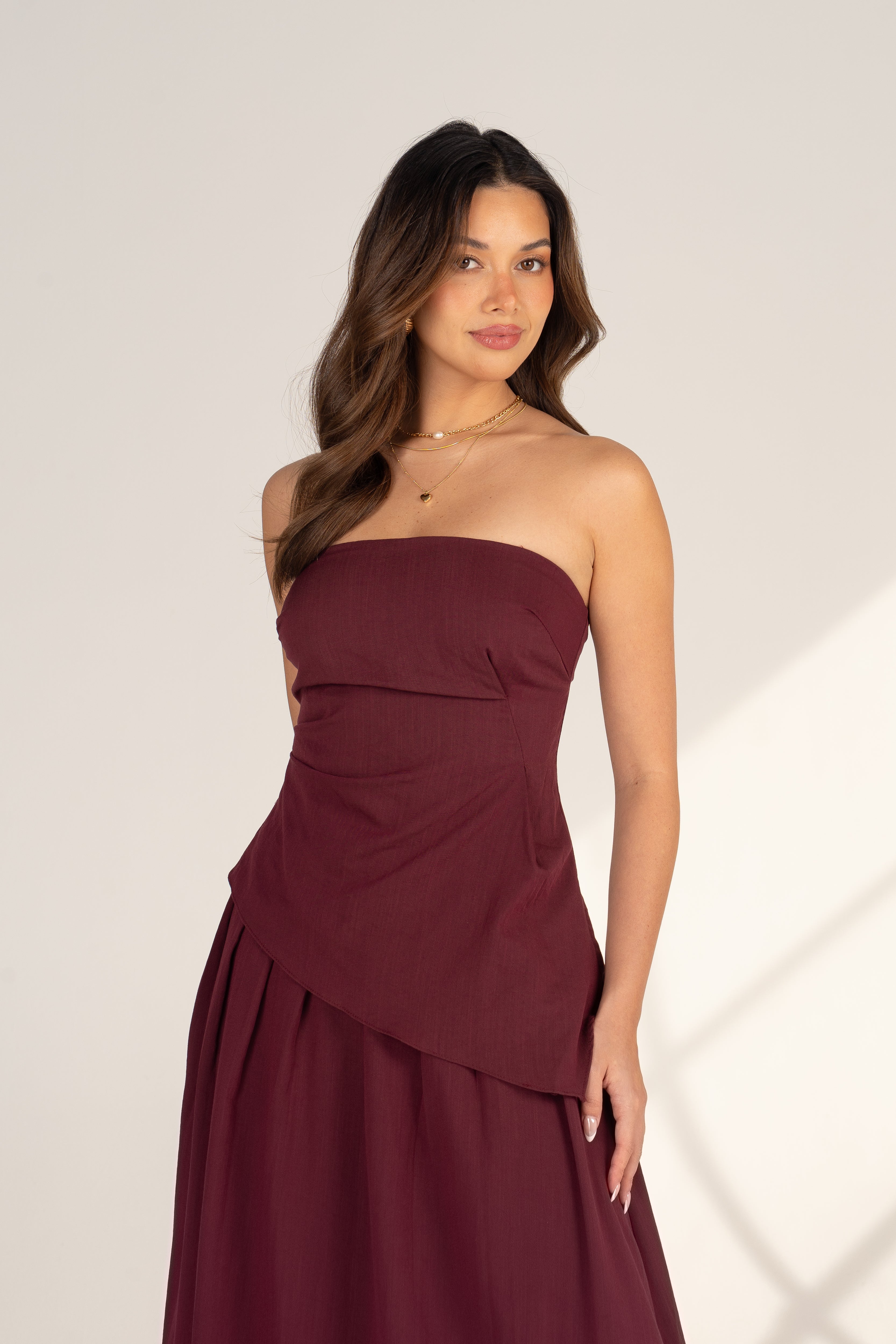 Lillian Plum Two Piece Set - Strapless Top & Pleated Maxi Skirt