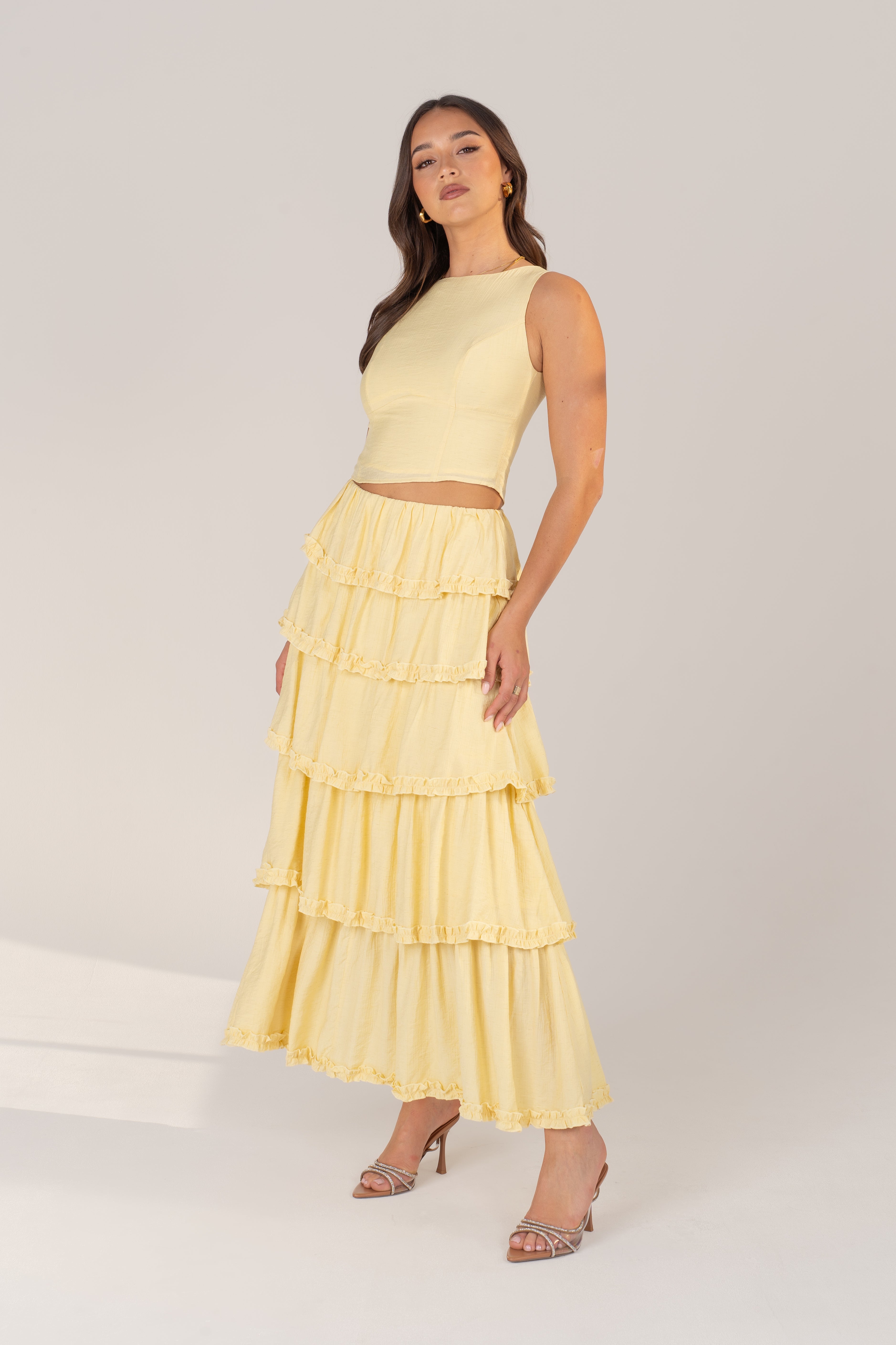 Melody Two-Piece Set - Yellow Sleeveless Top & Layered Ruffle Skirt
