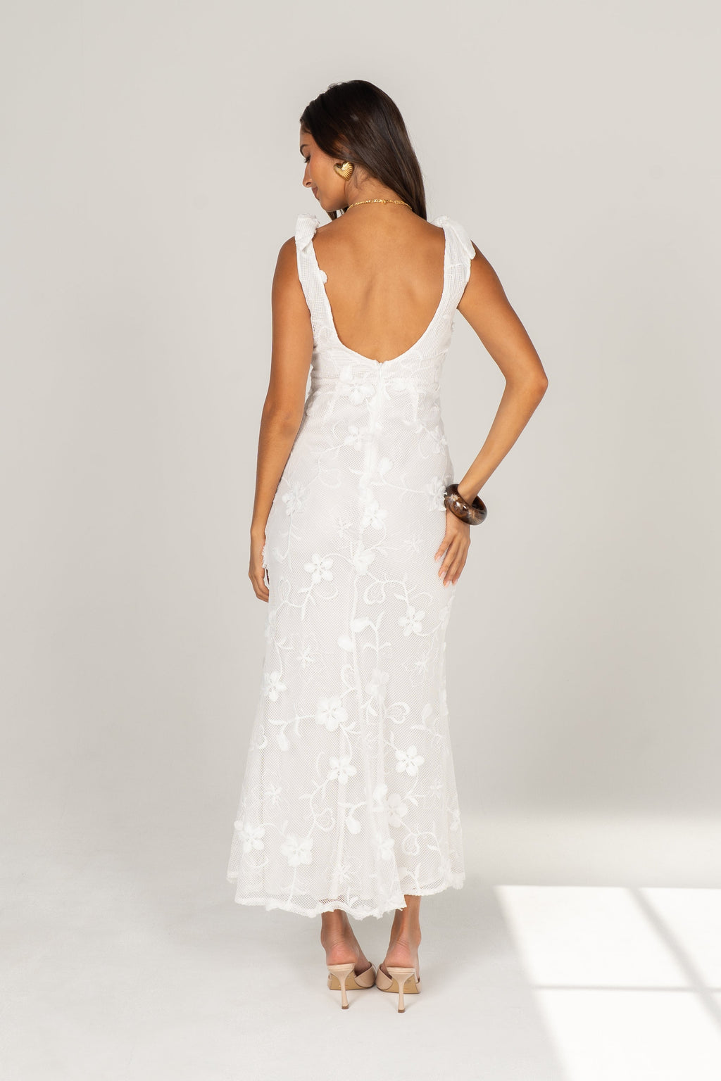 Mirella White Floral Lace Maxi with Shoulder Ties