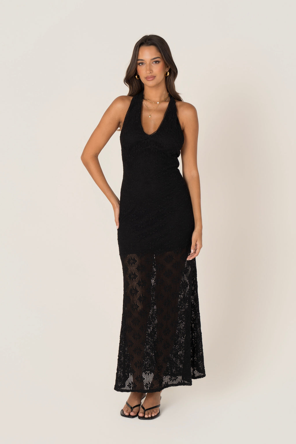 Myla Black Halter Neck Lace Maxi Dress