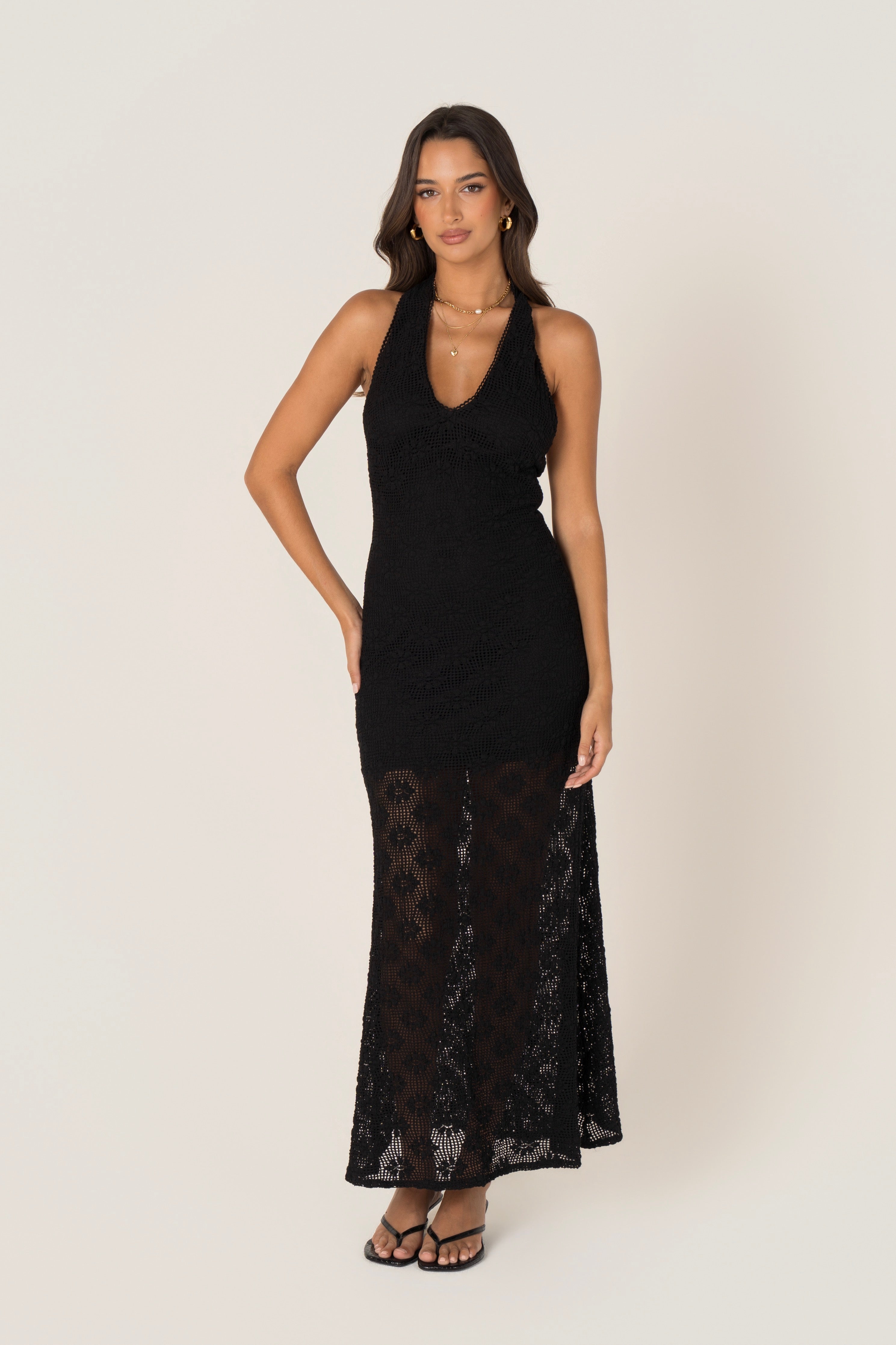 Myla Black Halter Neck Lace Maxi Dress