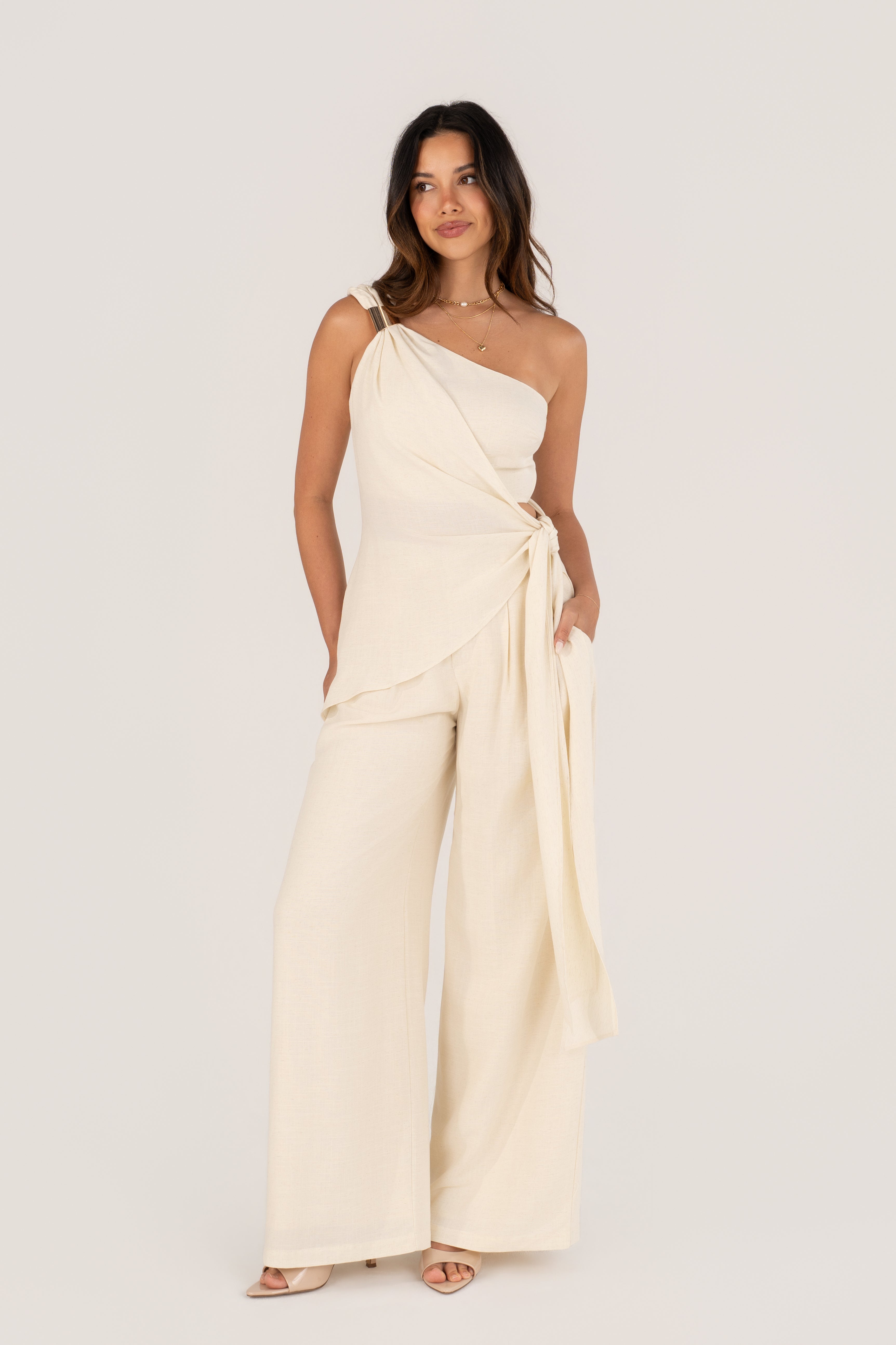 Nathalya Cream Asymmetrical Drape Top & Wide Leg Pant Set