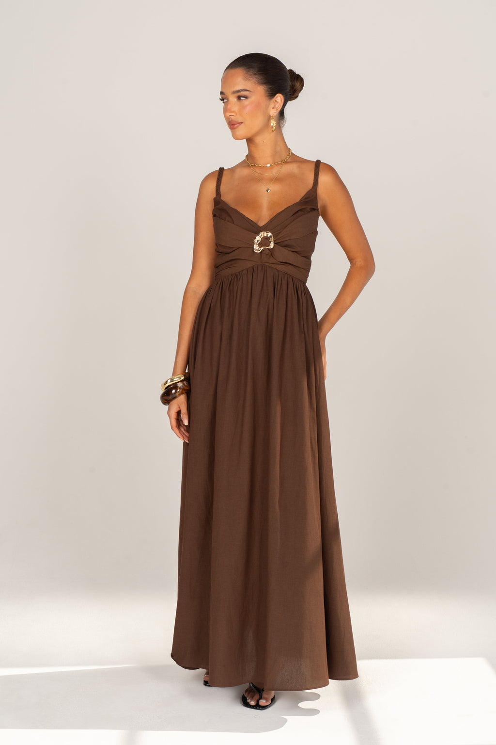 Nerina Chocolate V-Neck Maxi Dress with Gold Accent