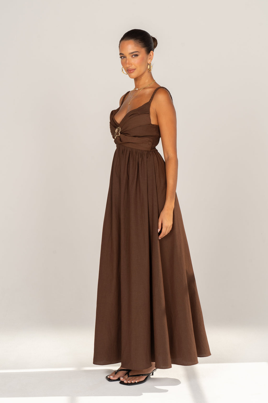 Nerina Chocolate V-Neck Maxi Dress with Gold Accent