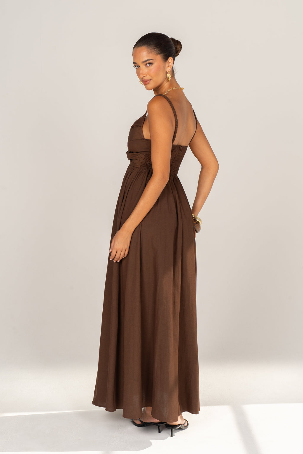 Nerina Chocolate V-Neck Maxi Dress with Gold Accent