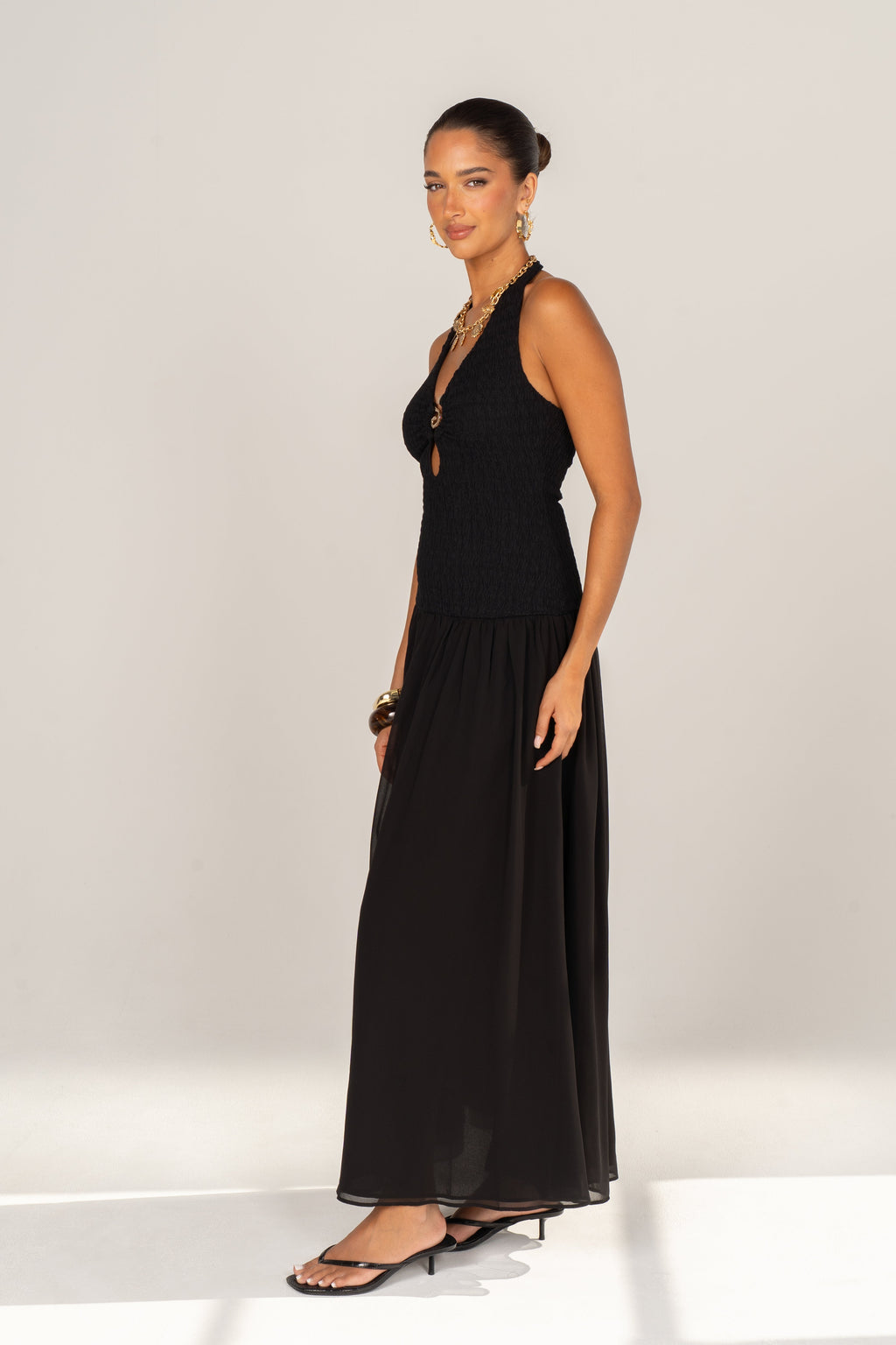 Odessa Black Halter Neck Smocked Maxi Dress