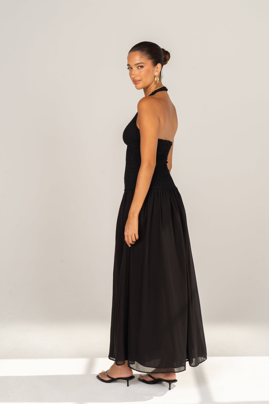 Odessa Black Halter Neck Smocked Maxi Dress