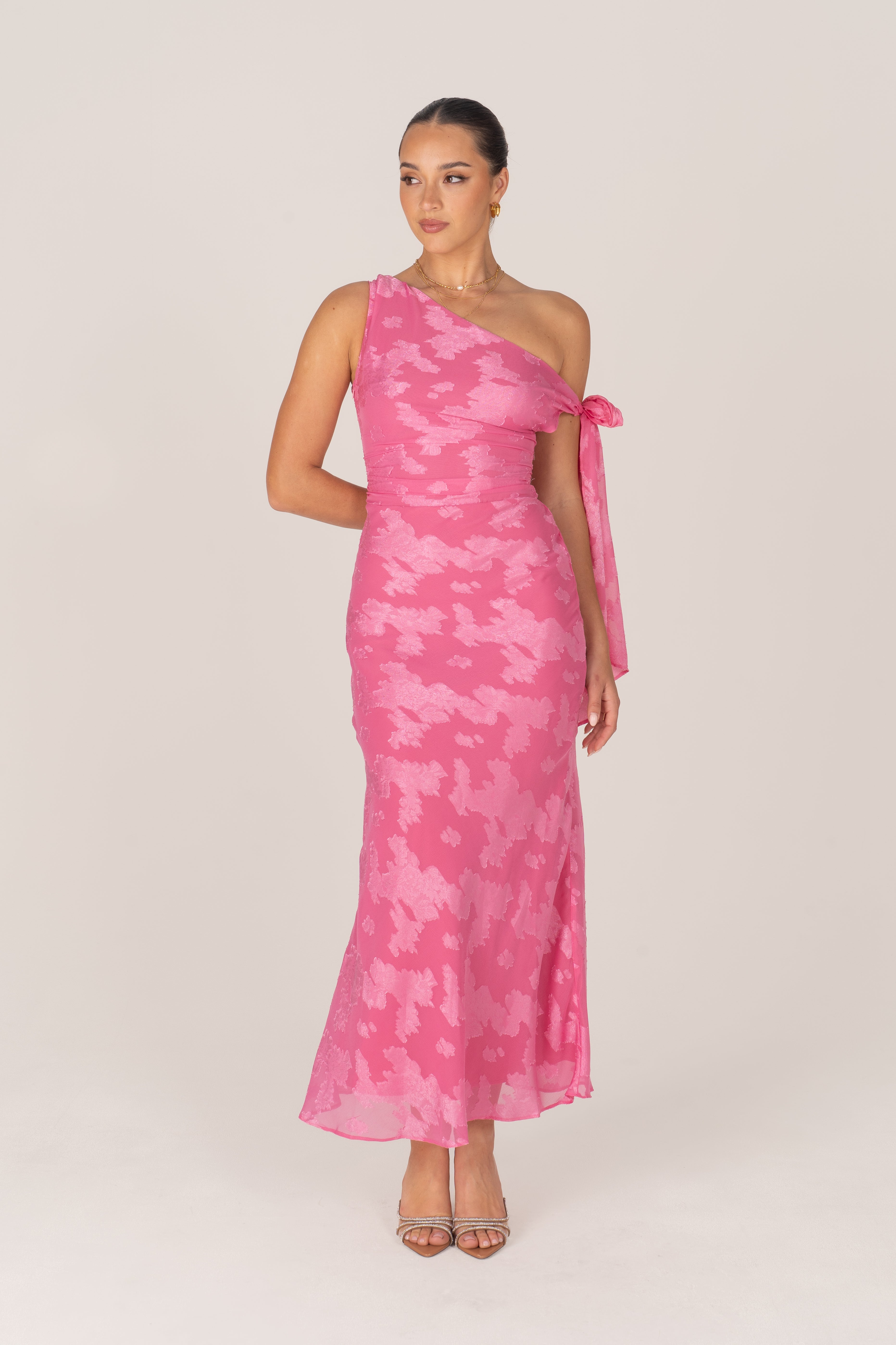 Olympia Asymmetrical Pink Drop-Shoulder Midi with Tie