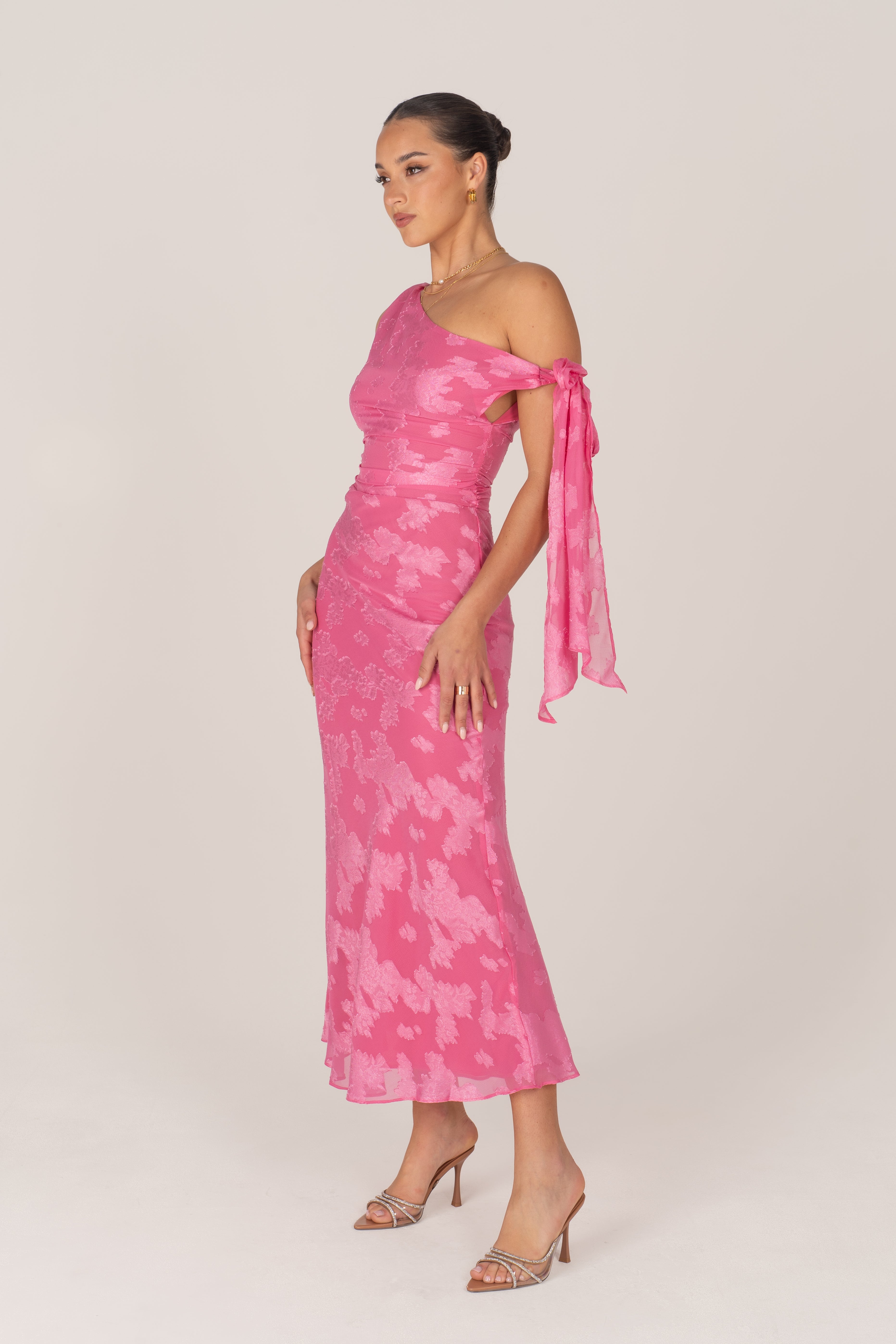 Olympia Asymmetrical Pink Drop-Shoulder Midi with Tie